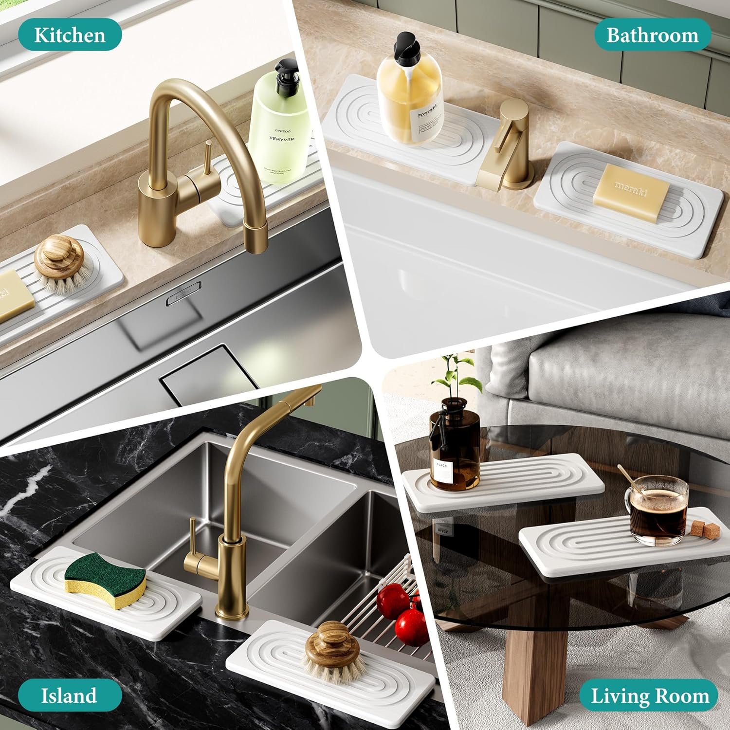 2 PCS Water Absorbing Stone Tray for Sink, Quick Drying Diatomite Bathroom Tray Countertop, Stone Drying Mat for Kitchen Counter Faucet, Soap Dish Dispenser Vanity Organizer, White-A-8.3" x 4" - Image 4