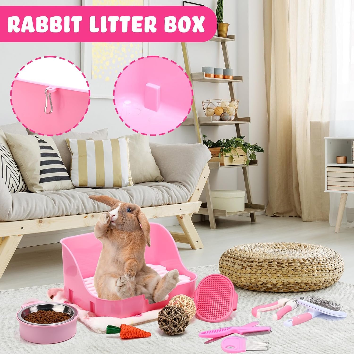 15 Pcs Rabbit Starter Kit Small Rabbit Litter Box Christmas Girls Gift Animal Grooming Kit Bunny Toys Bowl Blankets with Cleaning Set for Guinea Pig Accessories(Pink) - Image 4
