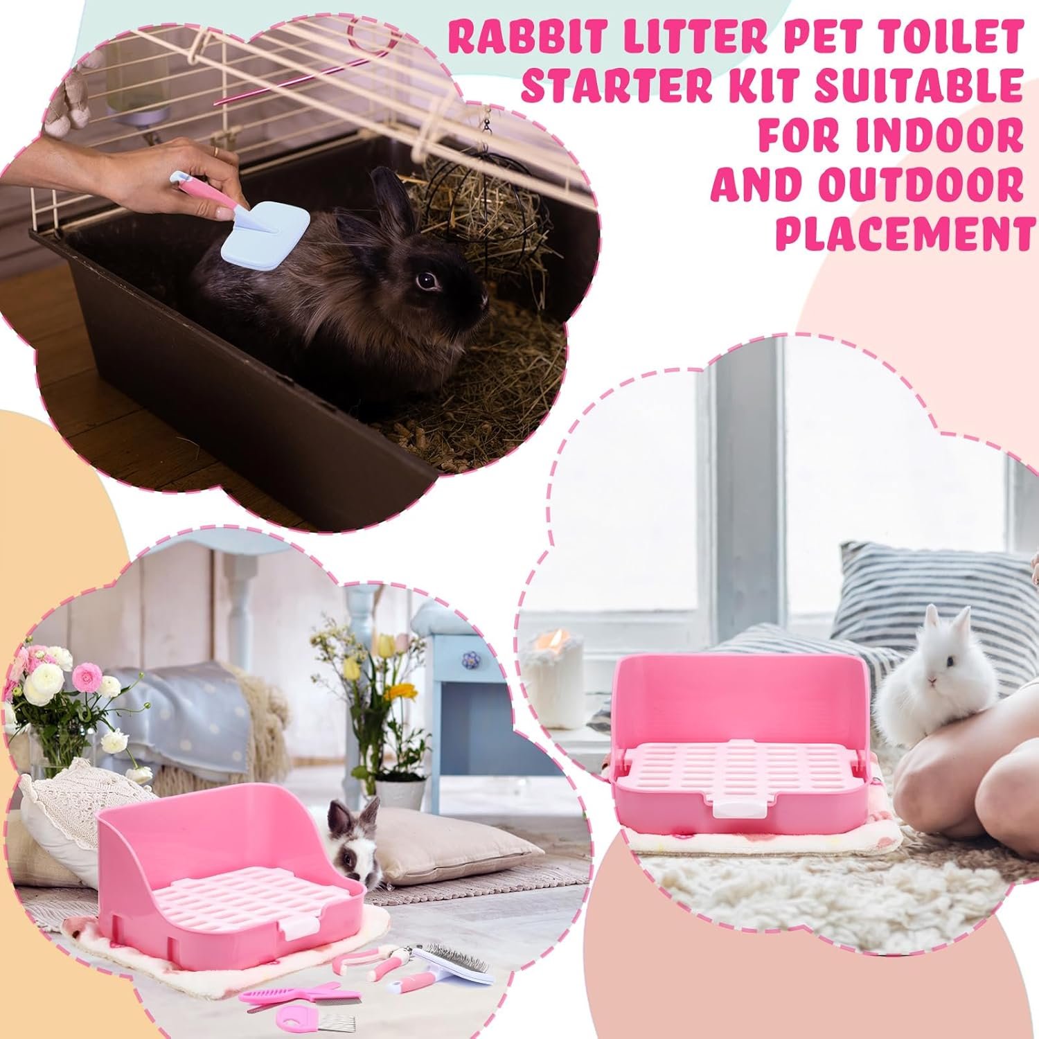 15 Pcs Rabbit Starter Kit Small Rabbit Litter Box Christmas Girls Gift Animal Grooming Kit Bunny Toys Bowl Blankets with Cleaning Set for Guinea Pig Accessories(Pink) - Image 6