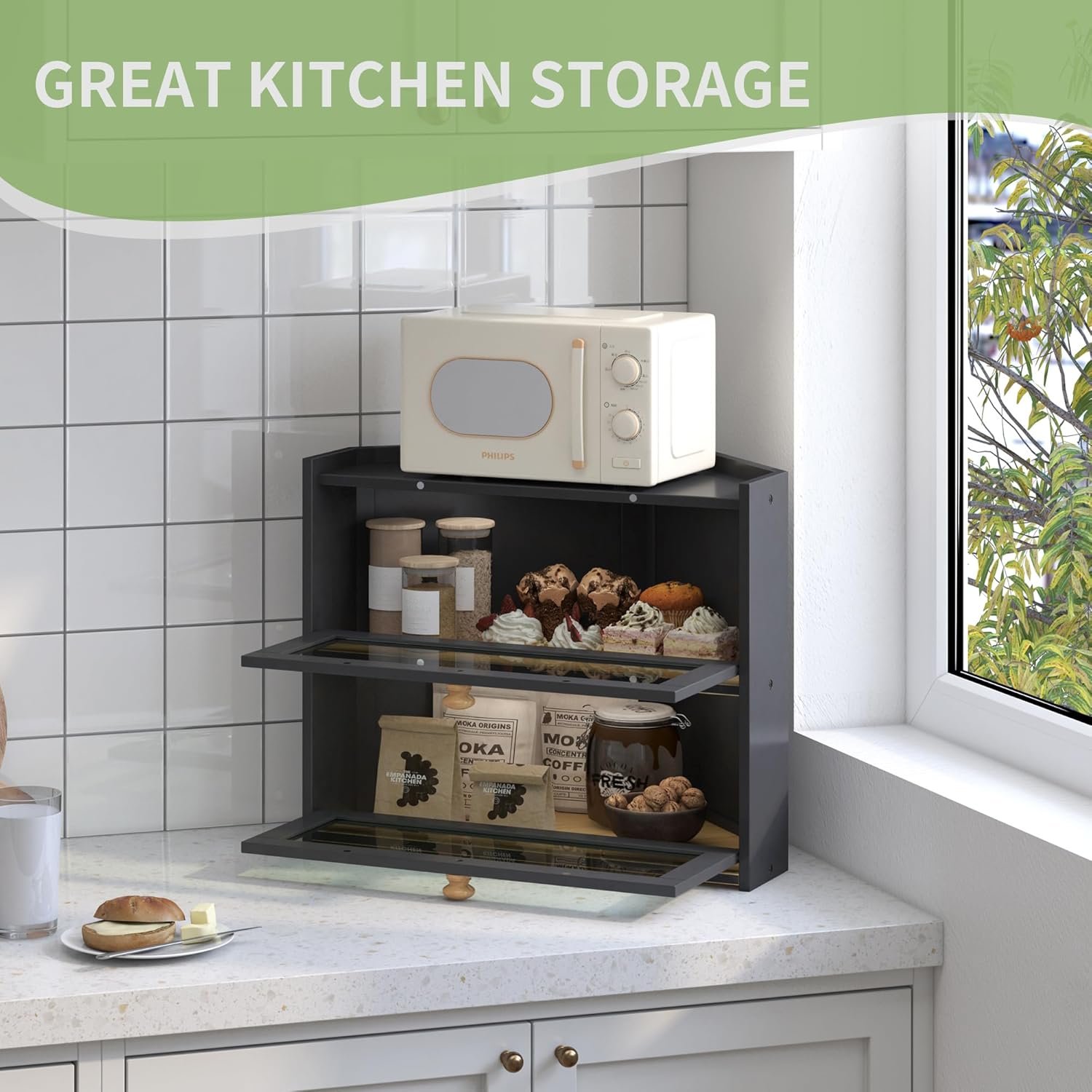 Black Corner Bread Box for Kitchen Countertop, Large Bread Container Storage Bamboo Wooden Farmhouse Bread Box with Window Bread Holder - Image 3