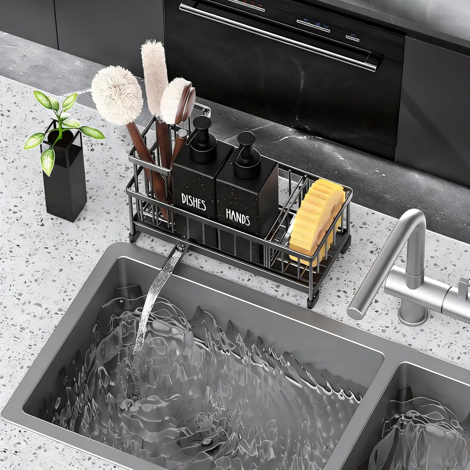 Cisily Kitchen Soap Dispenser Set with Sink Caddy, 12 Oz Glass Bottle, Hand and Dish Soap Dispenser Set with Sponge Holder, Black Stainless Steel Kitchen Countertop Sink Organizer Accessories - Image 5