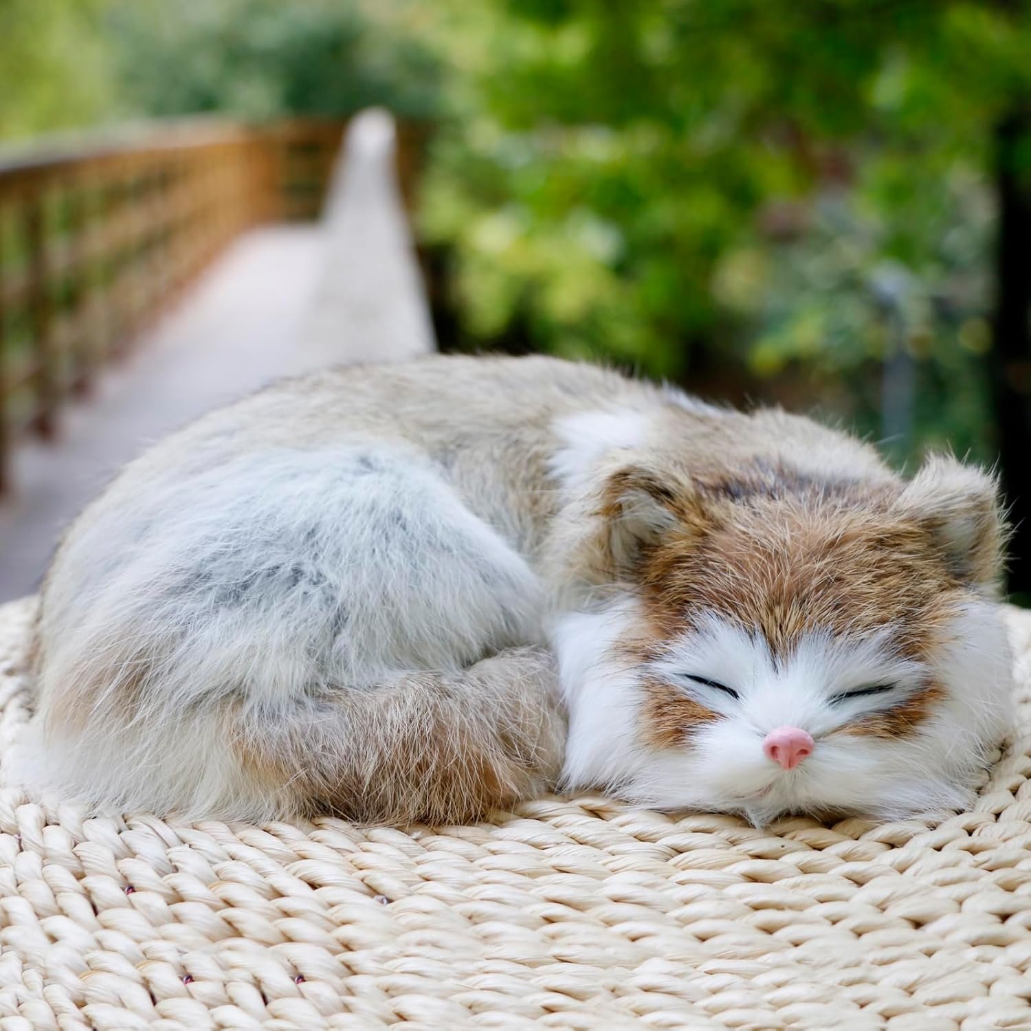 Lifelike Brown and White Sleeping Cat Figurine - Realistic Curled Up Doughnut Pose Fawn Bicolor Kitten Statue, Faux Fur Kitty Home Decor Gift - Image 3