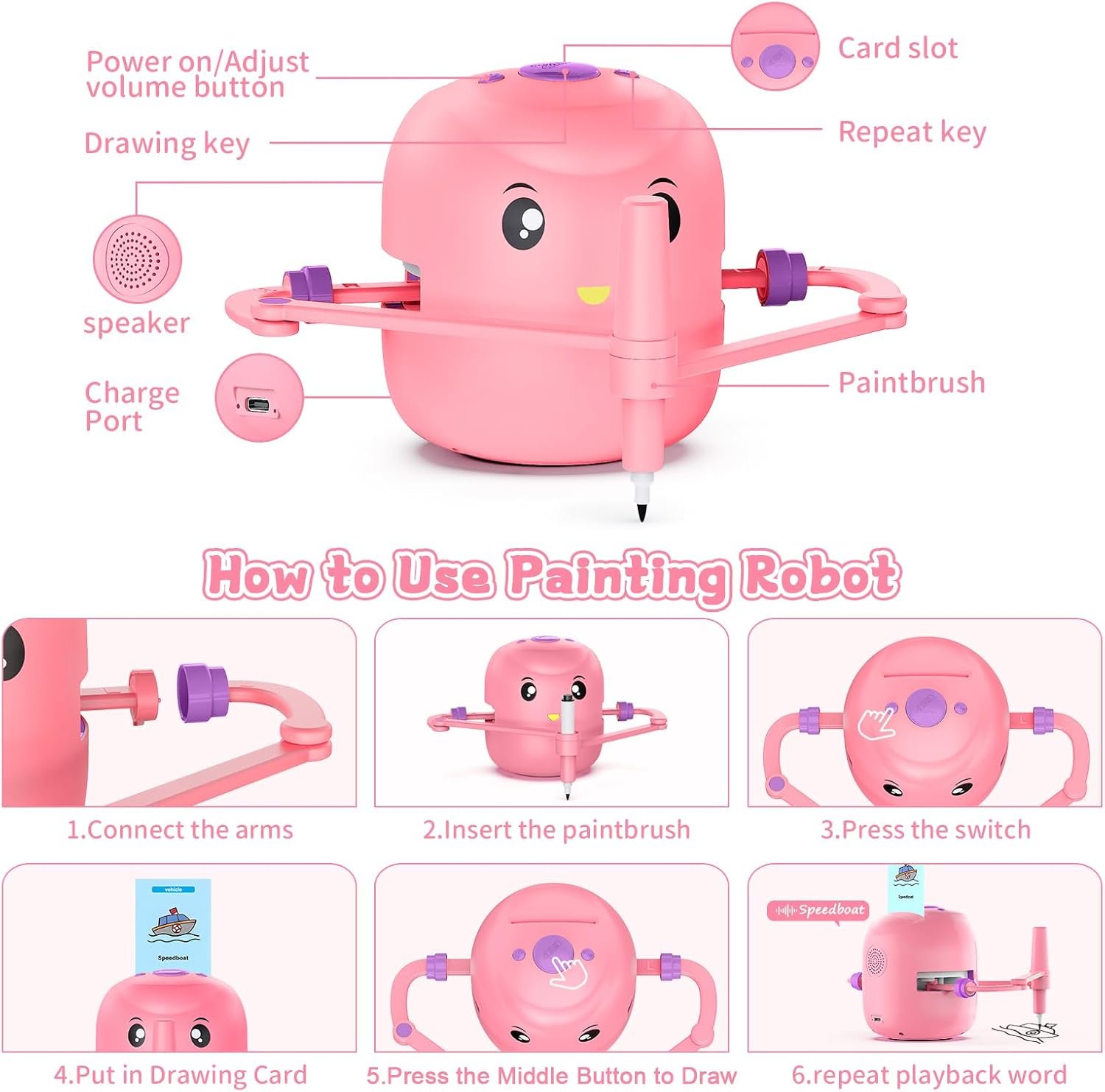 Interactive Educational Drawing Robot for Kids - Montessori Learning Toy with 150 Word Cards, Voice Interaction, Ages 5+ (Pink) - Image 3