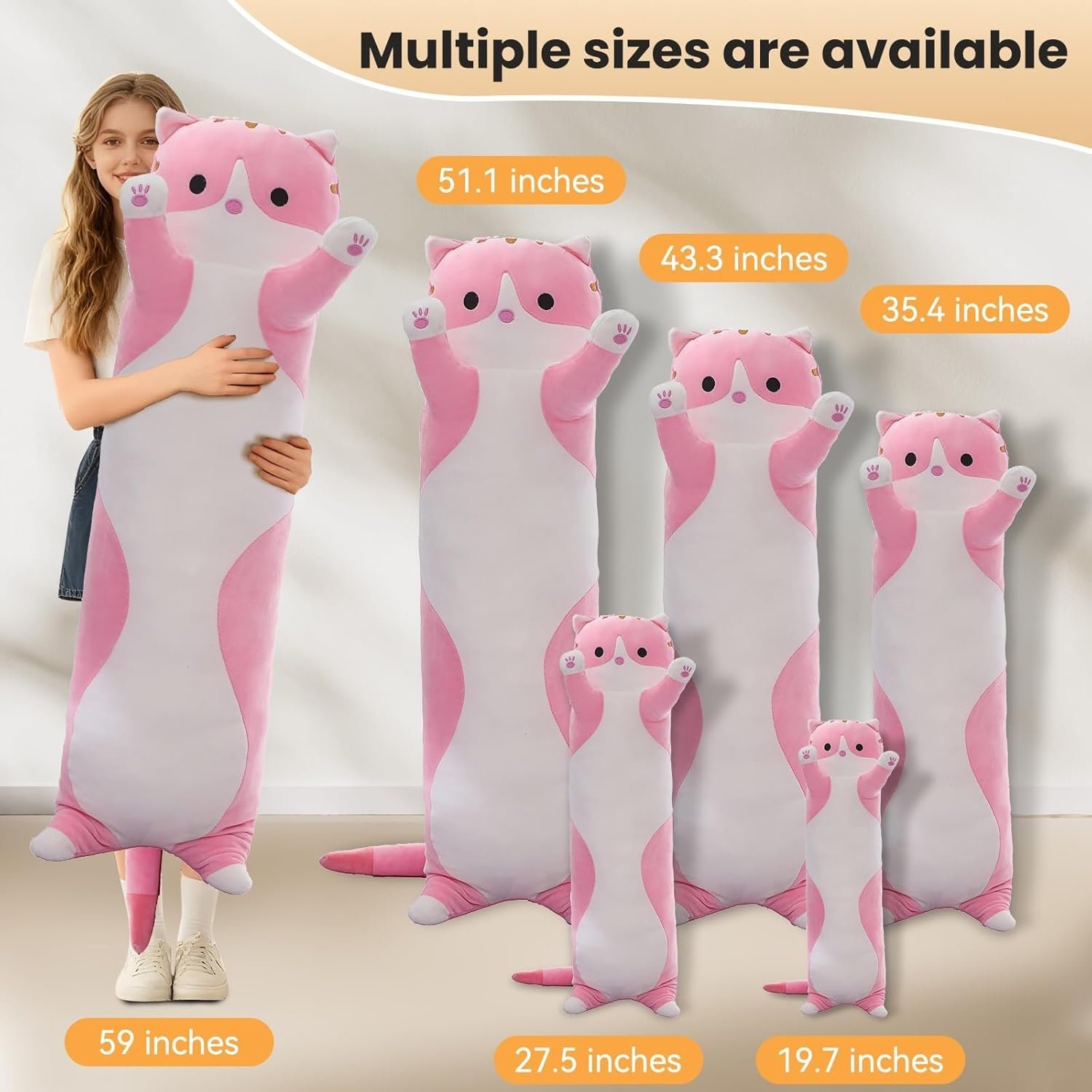 Cute Cat Plush Long Body Pillow – Soft Cartoon Stuffed Animal Doll, Kawaii Cat Plushie Cuddle Toy Gift for Kids, Girls & Girlfriend (Pink, 19.7 Inch) - Image 3