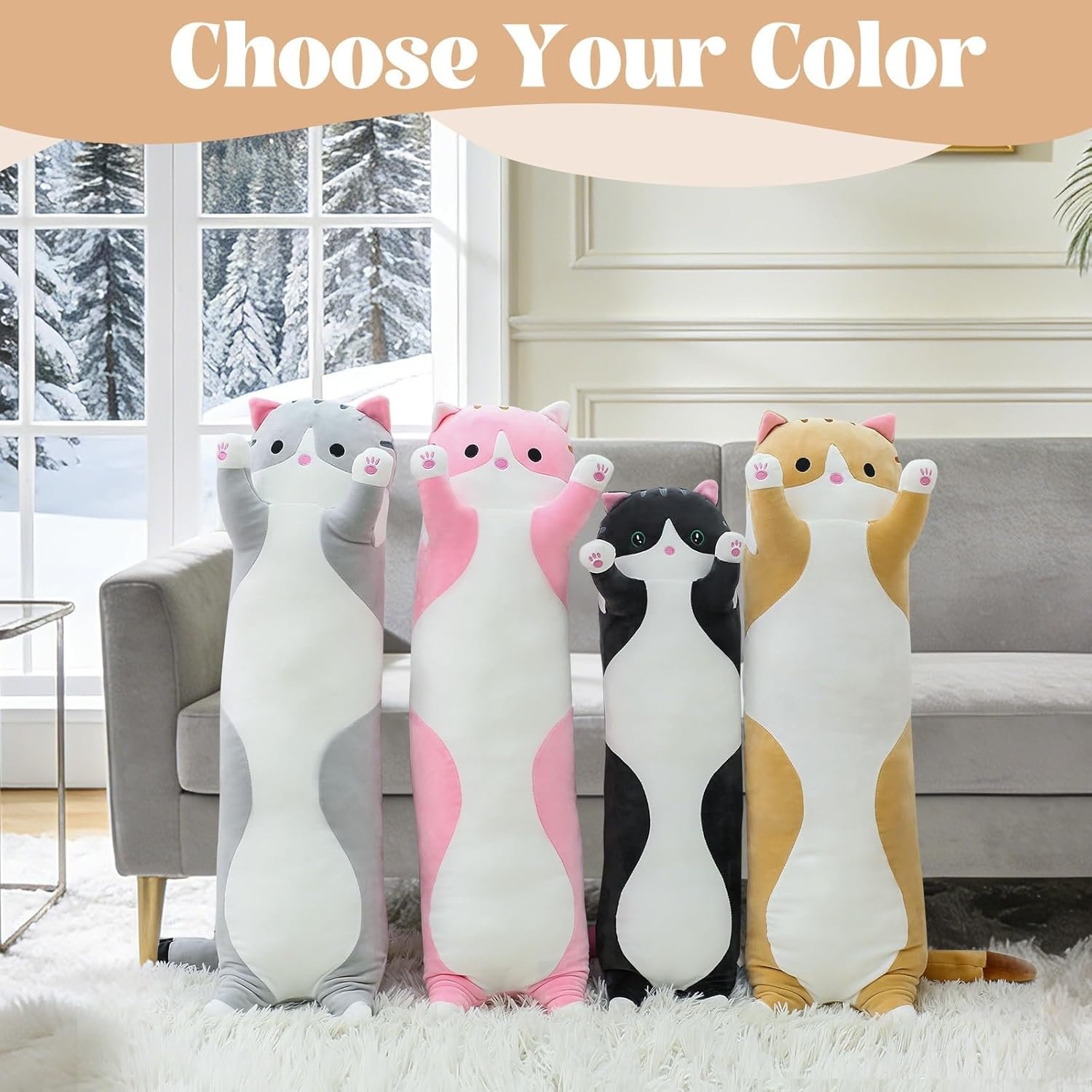 Cute Cat Plush Long Body Pillow – Soft Cartoon Stuffed Animal Doll, Kawaii Cat Plushie Cuddle Toy Gift for Kids, Girls & Girlfriend (Pink, 19.7 Inch) - Image 4