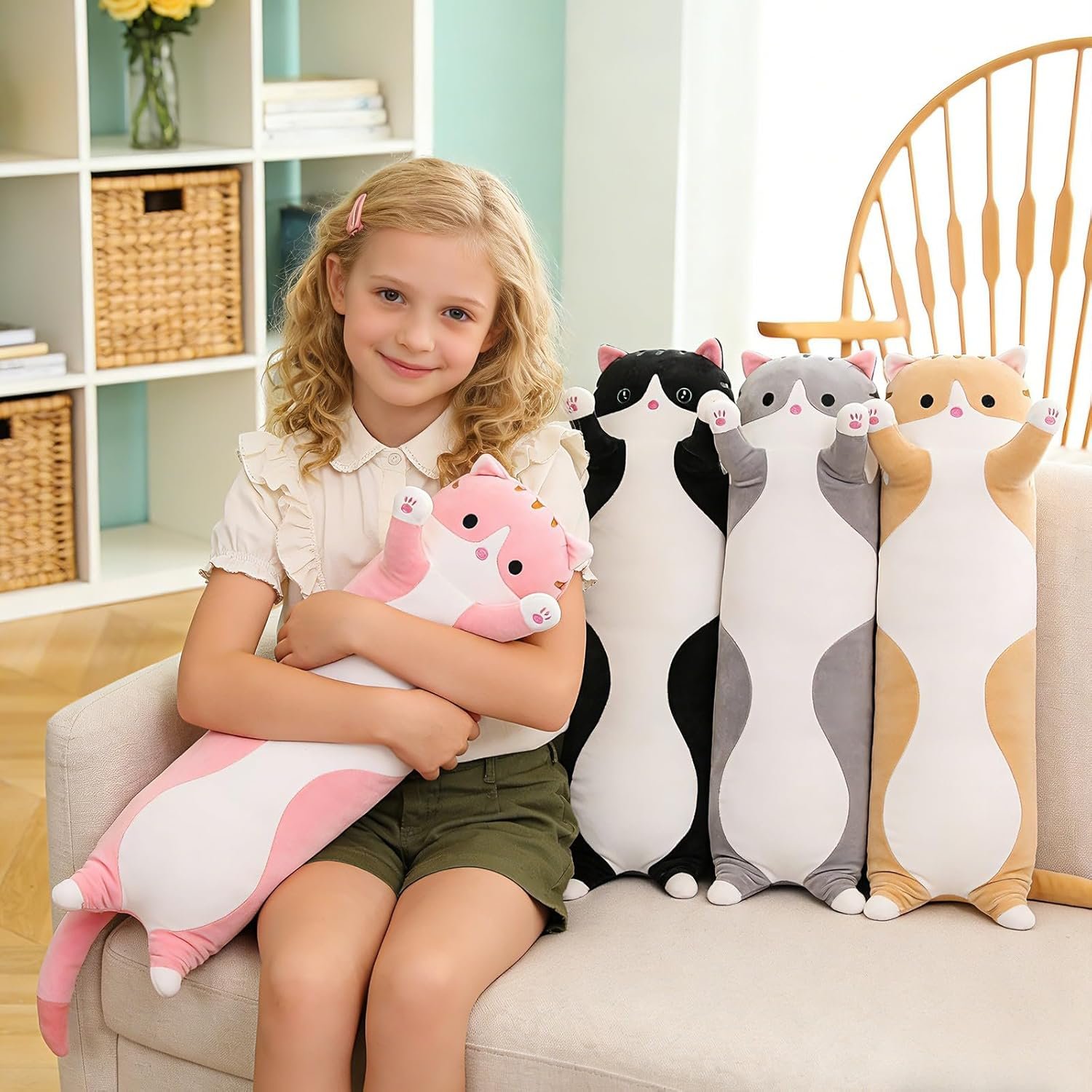 Cute Cat Plush Long Body Pillow – Soft Cartoon Stuffed Animal Doll, Kawaii Cat Plushie Cuddle Toy Gift for Kids, Girls & Girlfriend (Pink, 19.7 Inch) - Image 7