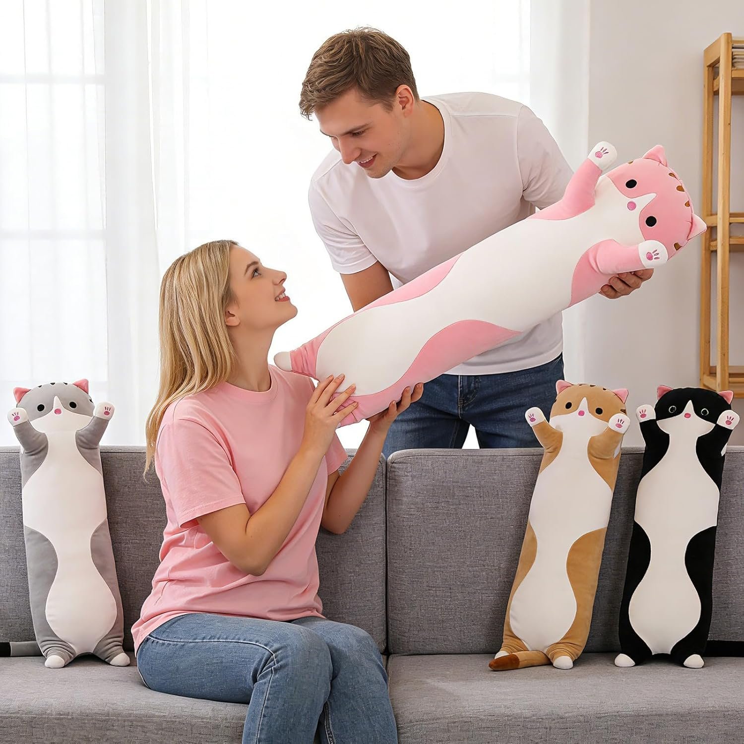 Cute Cat Plush Long Body Pillow – Soft Cartoon Stuffed Animal Doll, Kawaii Cat Plushie Cuddle Toy Gift for Kids, Girls & Girlfriend (Pink, 19.7 Inch) - Image 8