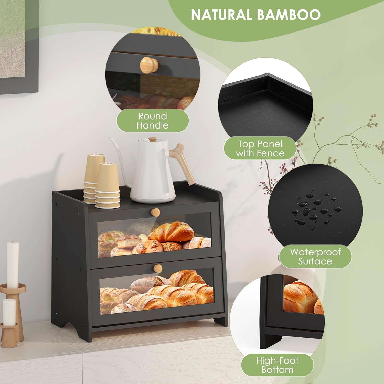 Double Layer Bread Box for Kitchen Countertop, Large Breadbox Bread Container Storage with Acrylic Door, Wooden Farmhouse Bread Holder (Black, Medim-15.7" L x 9.5" W x 13" H) - Image 3