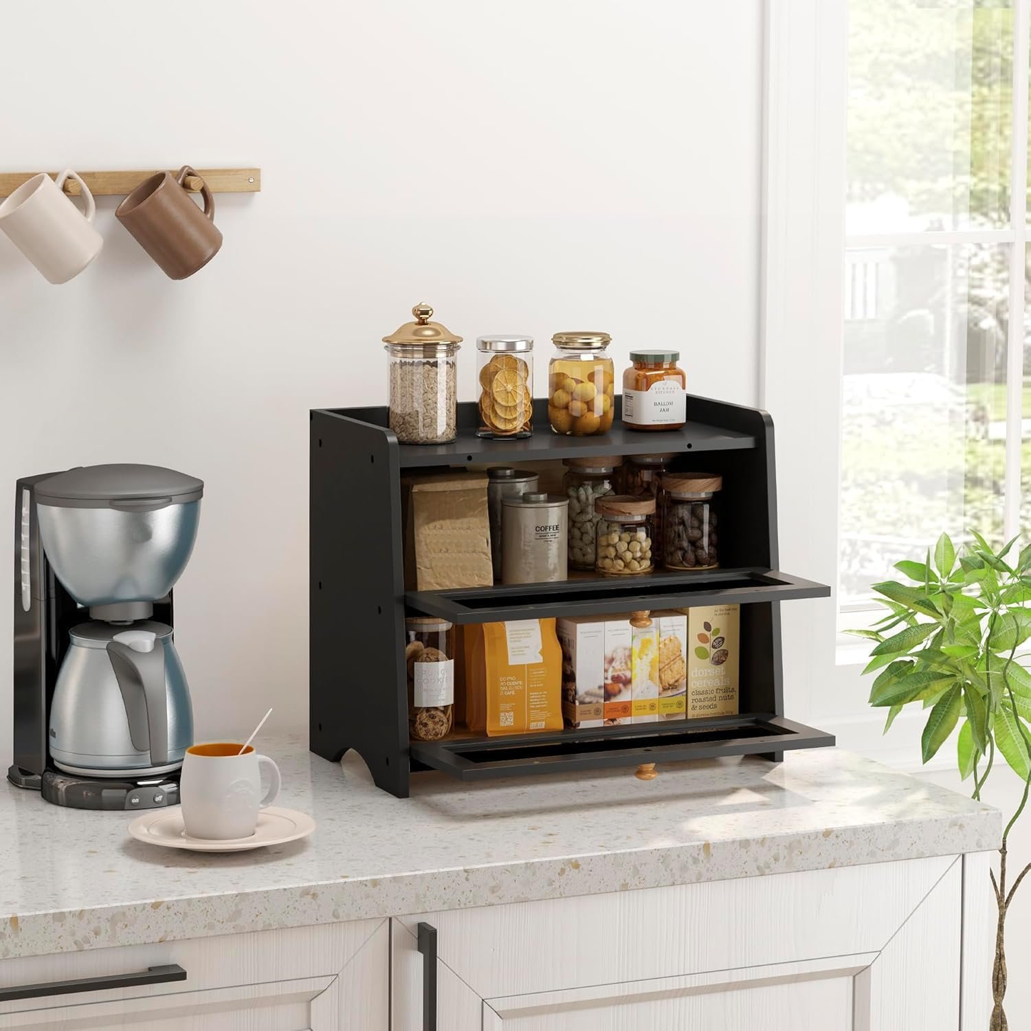 Double Layer Bread Box for Kitchen Countertop, Large Breadbox Bread Container Storage with Acrylic Door, Wooden Farmhouse Bread Holder (Black, Medim-15.7" L x 9.5" W x 13" H) - Image 4