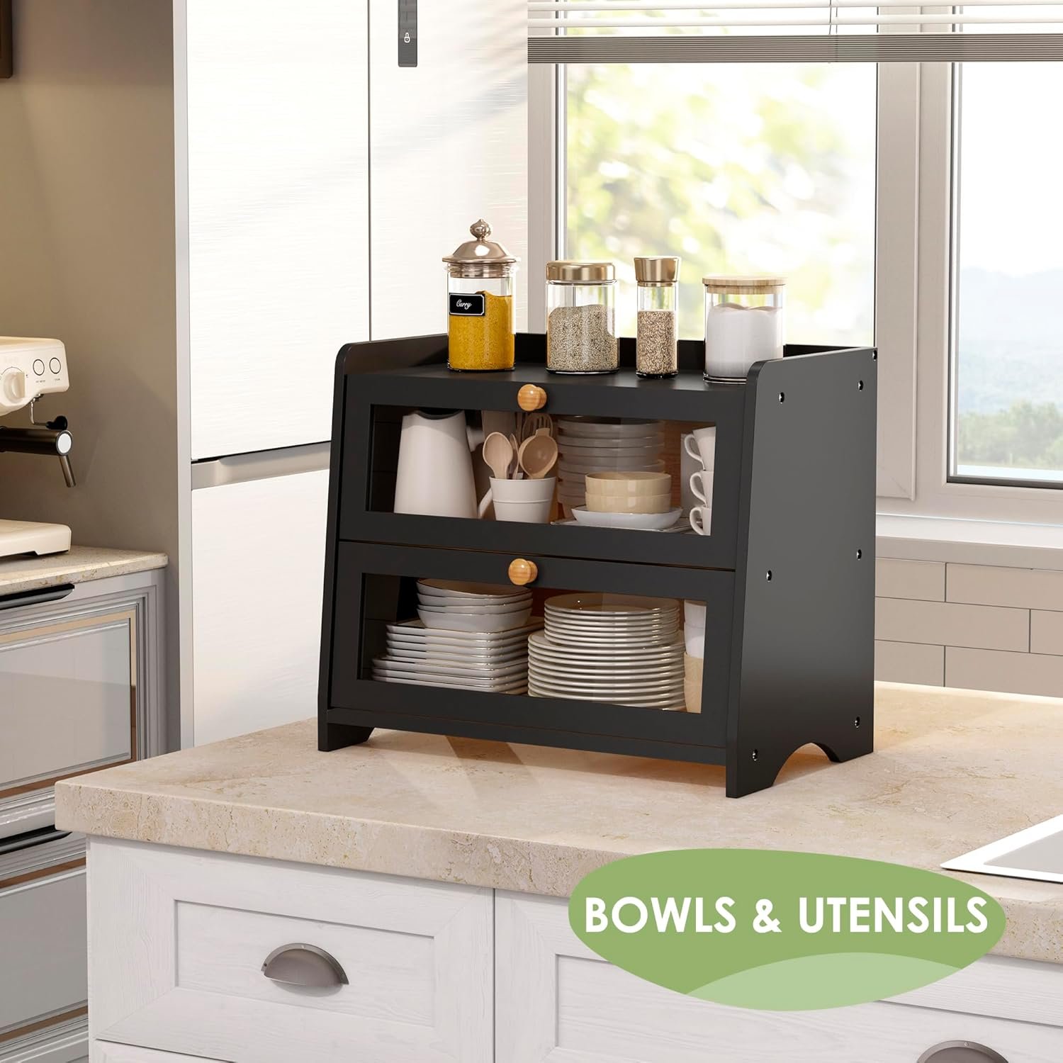 Double Layer Bread Box for Kitchen Countertop, Large Breadbox Bread Container Storage with Acrylic Door, Wooden Farmhouse Bread Holder (Black, Medim-15.7" L x 9.5" W x 13" H) - Image 7