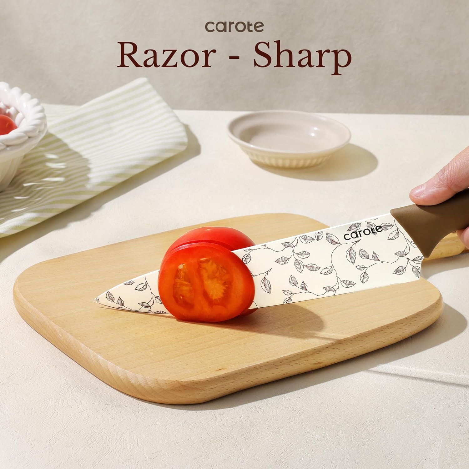 CAROTE 12PCS Knife Set, Kitchen Knife Set with 6 Blade Guards, Stainless Steel Knives Set With Nonstick Ceramic Coating, Rustproof, Delicate Floral Designs, White - Image 3