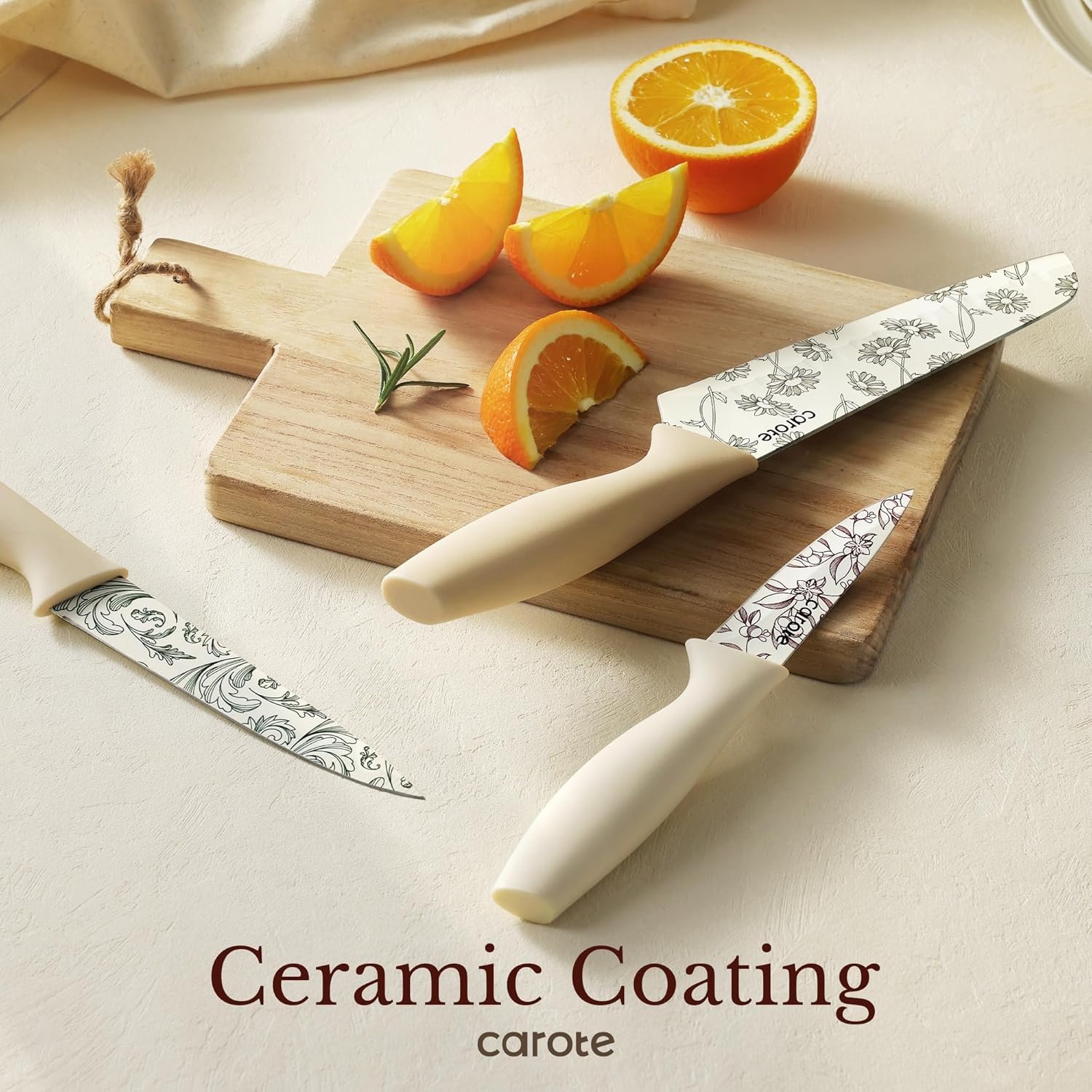 CAROTE 12PCS Knife Set, Kitchen Knife Set with 6 Blade Guards, Stainless Steel Knives Set With Nonstick Ceramic Coating, Rustproof, Delicate Floral Designs, White - Image 5