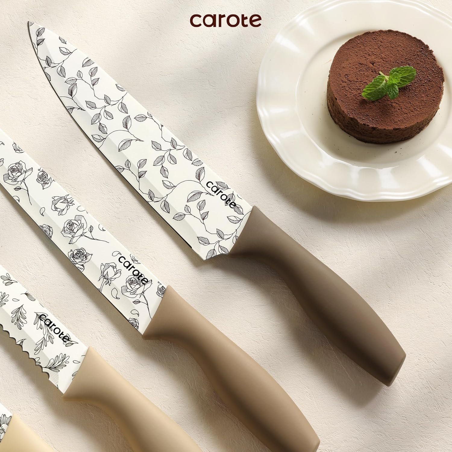 CAROTE 12PCS Knife Set, Kitchen Knife Set with 6 Blade Guards, Stainless Steel Knives Set With Nonstick Ceramic Coating, Rustproof, Delicate Floral Designs, White - Image 6