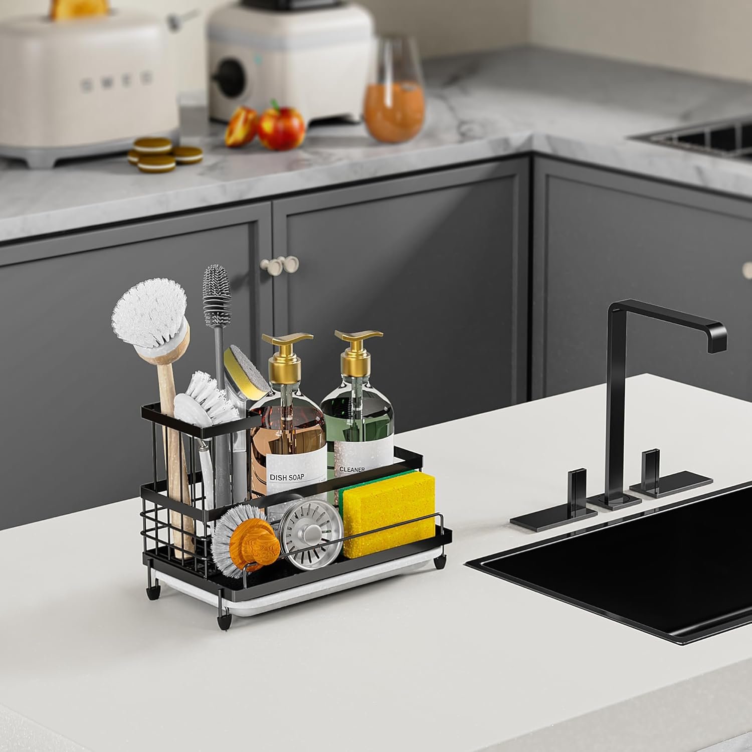 Cisily Large Capacity Kitchen Sink Caddy Organizer, Rustproof Non-Slip Sponge Holder With Dish Brush Holder Organizer, Kitchen Organization and Storage, Essentials Accessories for Countertop - Image 5