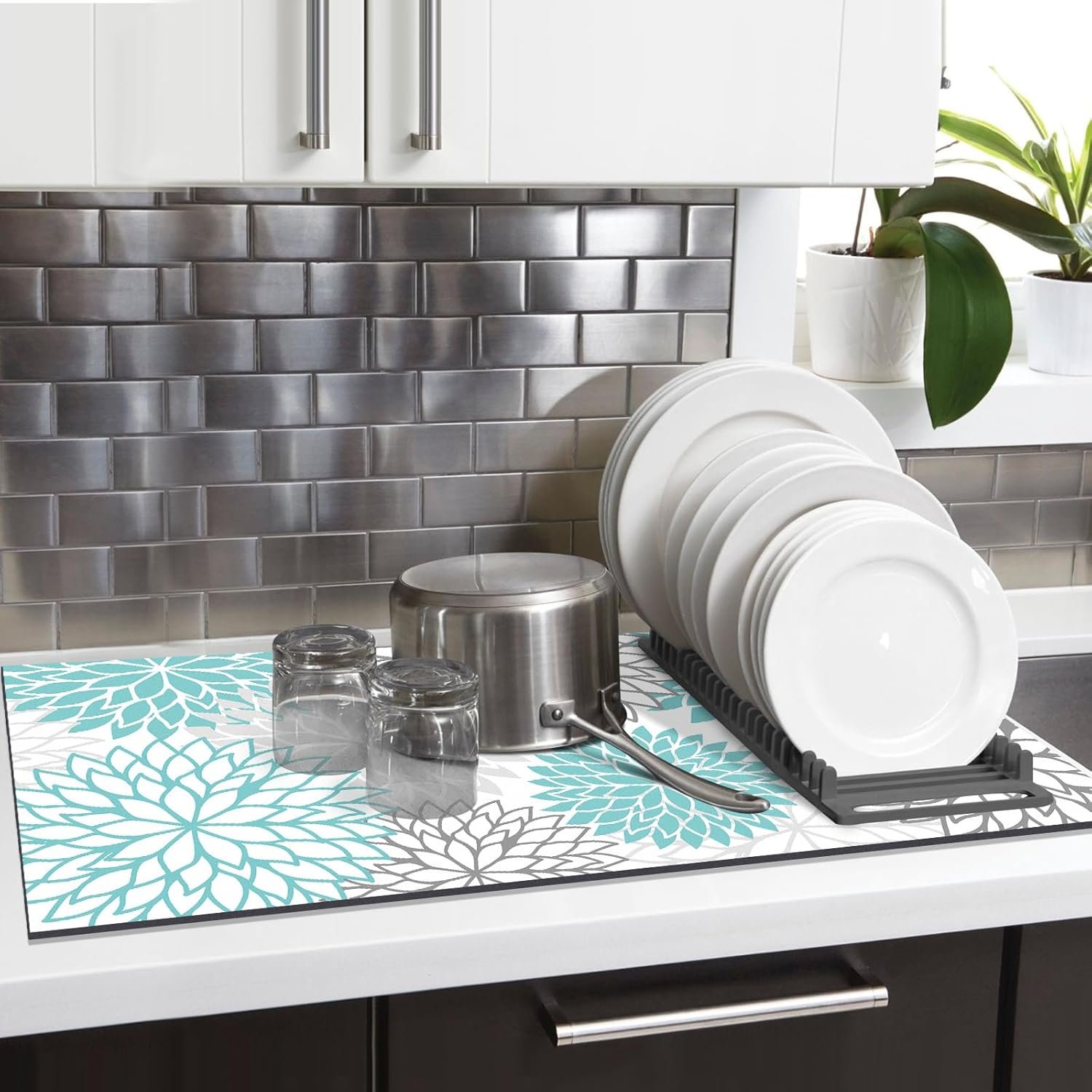 Findosom 2PCS 12" x 20" Dish Drying Mat & 24" x 5.5" Sink Splash Guard, Super Absorbent & Cuttable Dish Mat Drying Kitchen Mat with Teal Floral, Hide Stain Drying Mat for Kitchen Counter - Image 4