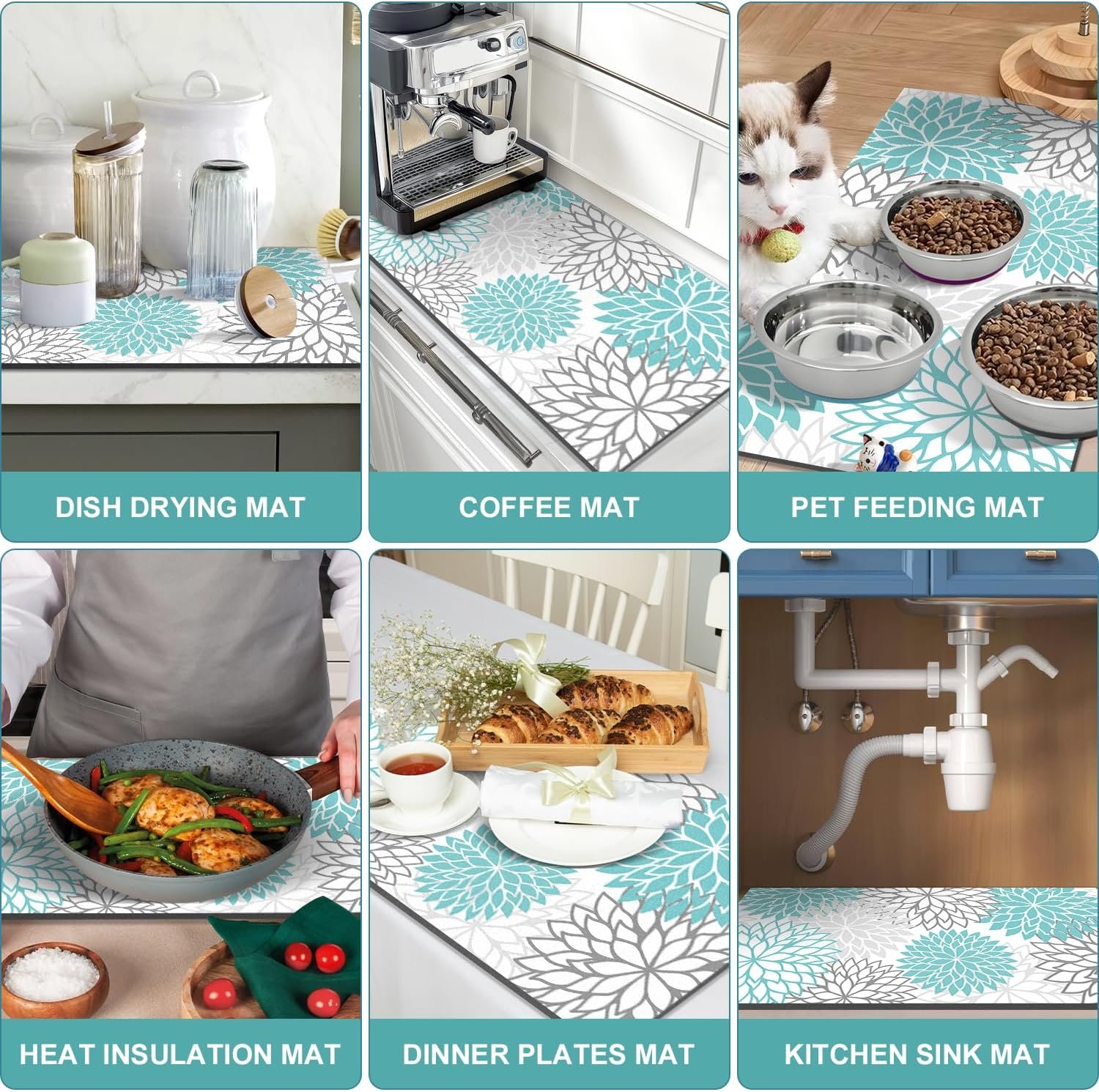 Findosom 2PCS 12" x 20" Dish Drying Mat & 24" x 5.5" Sink Splash Guard, Super Absorbent & Cuttable Dish Mat Drying Kitchen Mat with Teal Floral, Hide Stain Drying Mat for Kitchen Counter - Image 9