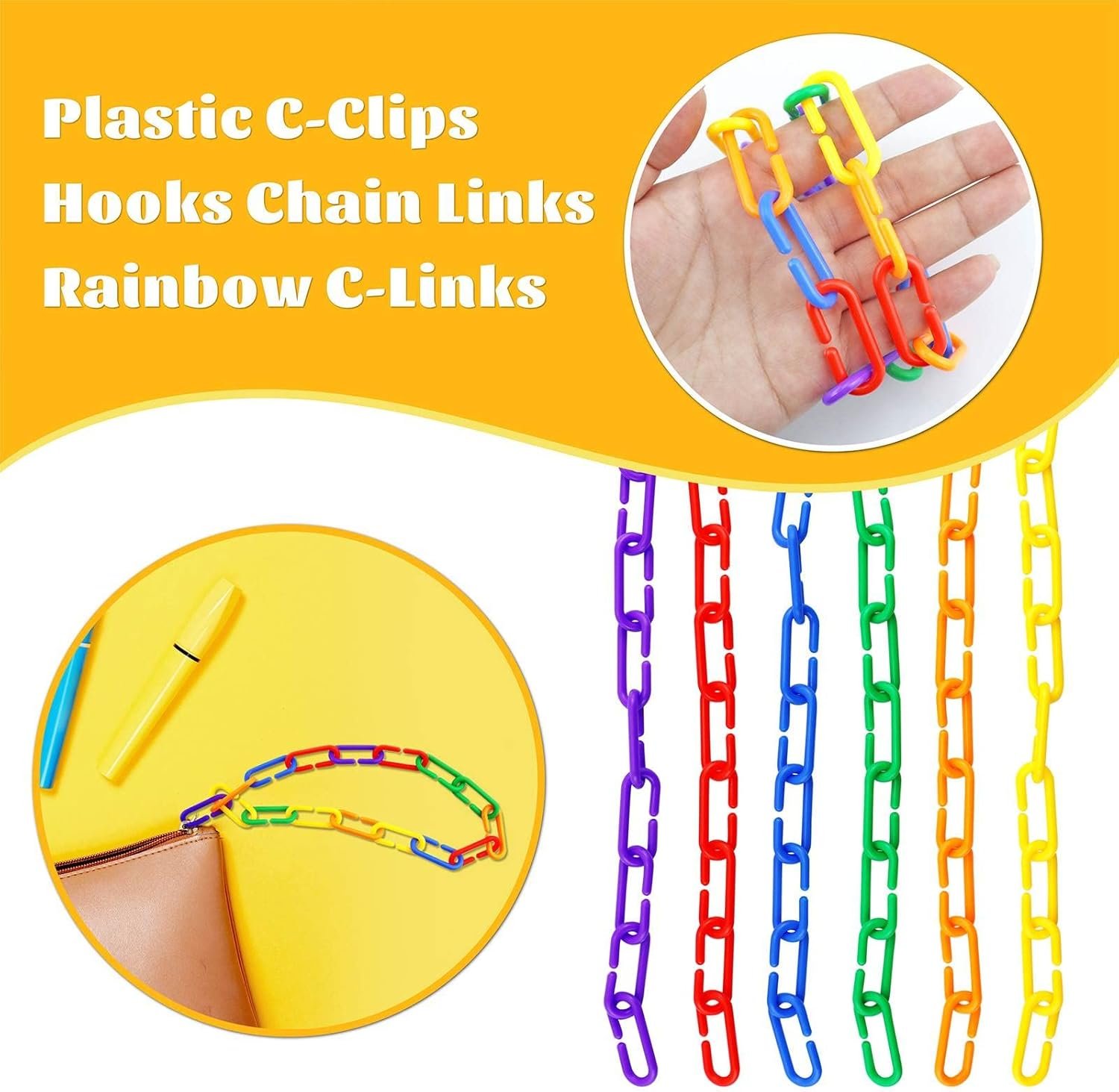 JIALEEY 100PCS Plastic Chain Links, Children's Learning Toy, Mix Color Rainbow DIY C-Clips Chains Hooks Swing Climbing Cage Toys for Bird Sugar Glider Rat Parrot - Image 3