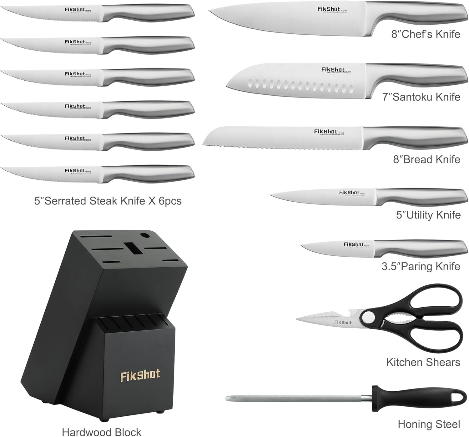 Kitchen Knife Set, FIKSHOT Premium Stainless Steel Knife Block Set, Razor-Sharp Santoku Knife and Fruit Knives, Gift for Homecooks, Rust-Proof, Designed for Women - Image 3