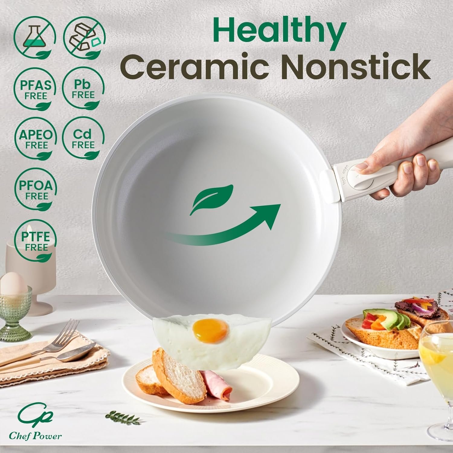 Chef Power Ceramic Nonstick Pots and Pans Set 19 Piece with Detachable Handle, Induction Dishwasher Oven Safe Cookware Set, RV Kitchen Set Removable Handle, Granite Grey and White - Image 3