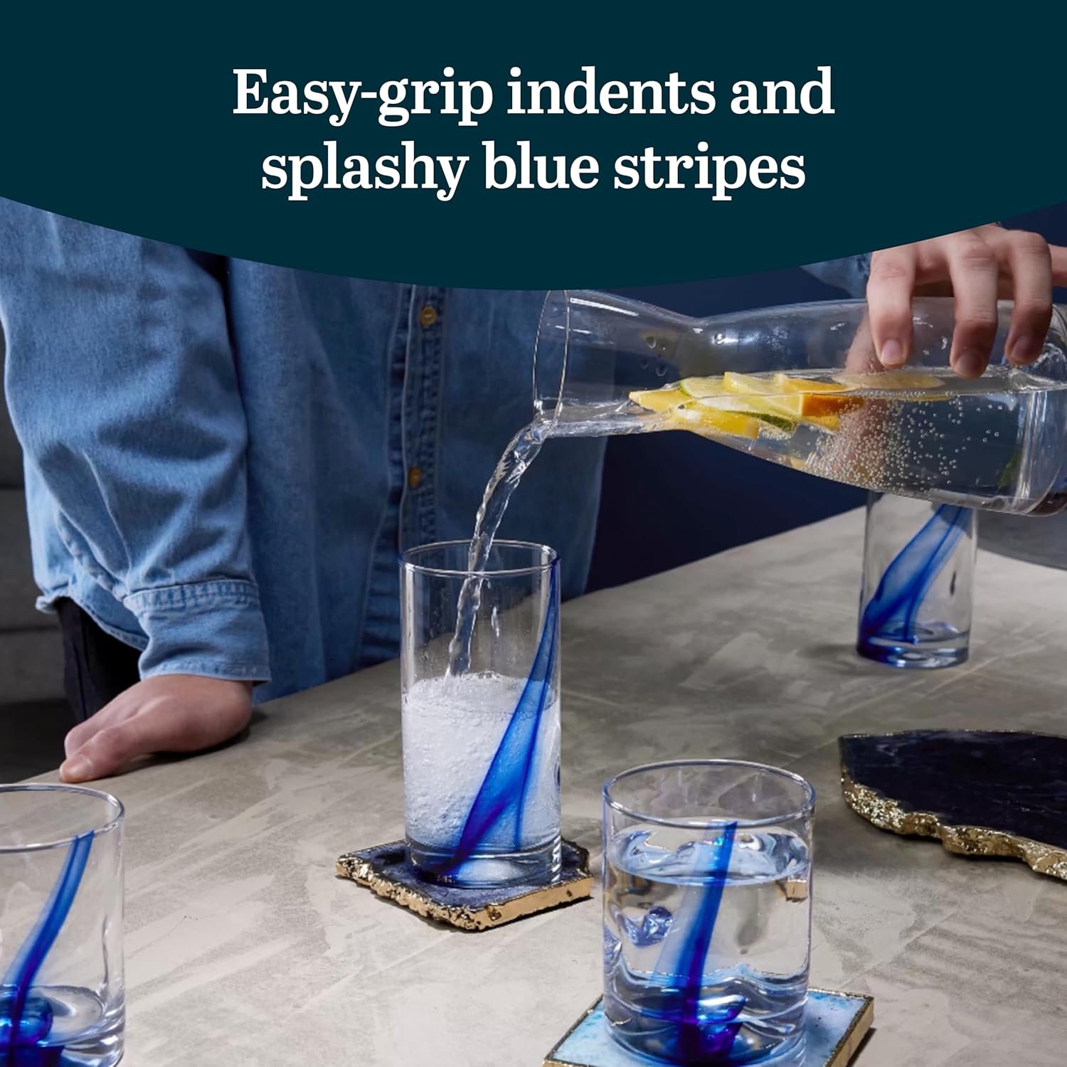 Libbey Blue Ribbon 16 Piece Tumbler and Rocks Glass Set, Infused Blue Ribbon Drinkware Glasses Set, Artisan Inspired Four-Dimple Shaped Rock Glasses, Dishwasher Safe Tumbler Glasses Set - Image 4