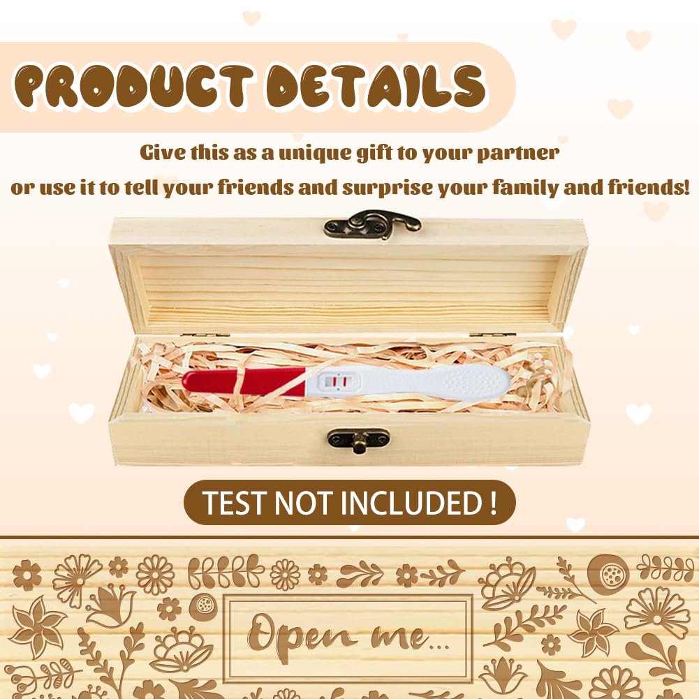 CHGCRAFT Pregnancy Test Keepsake Box Artistic Flowers Wooden Pregnancy Announcement Gifts Box with Raffia Ribbon and Lock Announcement Gifts for Dad Husband, 8x2x1.2inch - Image 3