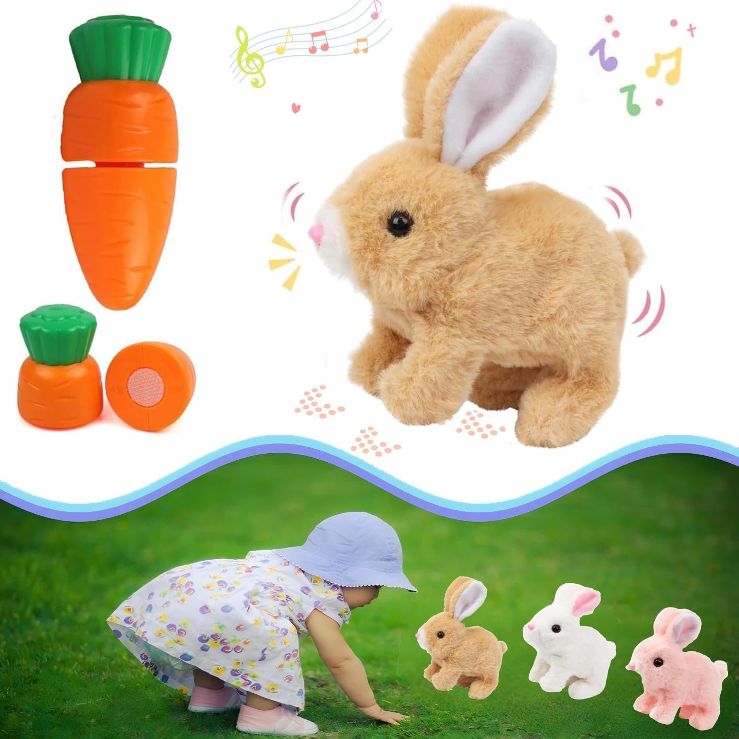 Hopping Bunny Toy, Easter Rabbit Interactive Electronic Pet Plush Bunny Toys with Sounds, Jumping, Twitching Ears - Easter Gifts for Kids (Brown)