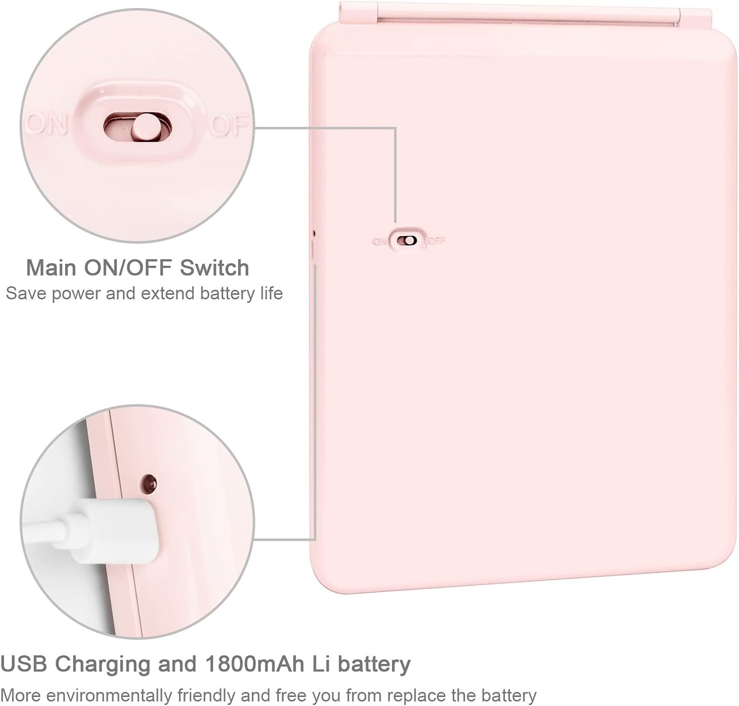 deweisn Folding Travel Mirror Lighted Makeup Mirror with 72 LEDs 3 Colors Light Modes, USB Rechargable, Portable, Ultra Thin, CompactVanity Mirror with Touch Screen Dimming for Cosmetic (Pink) - Image 3