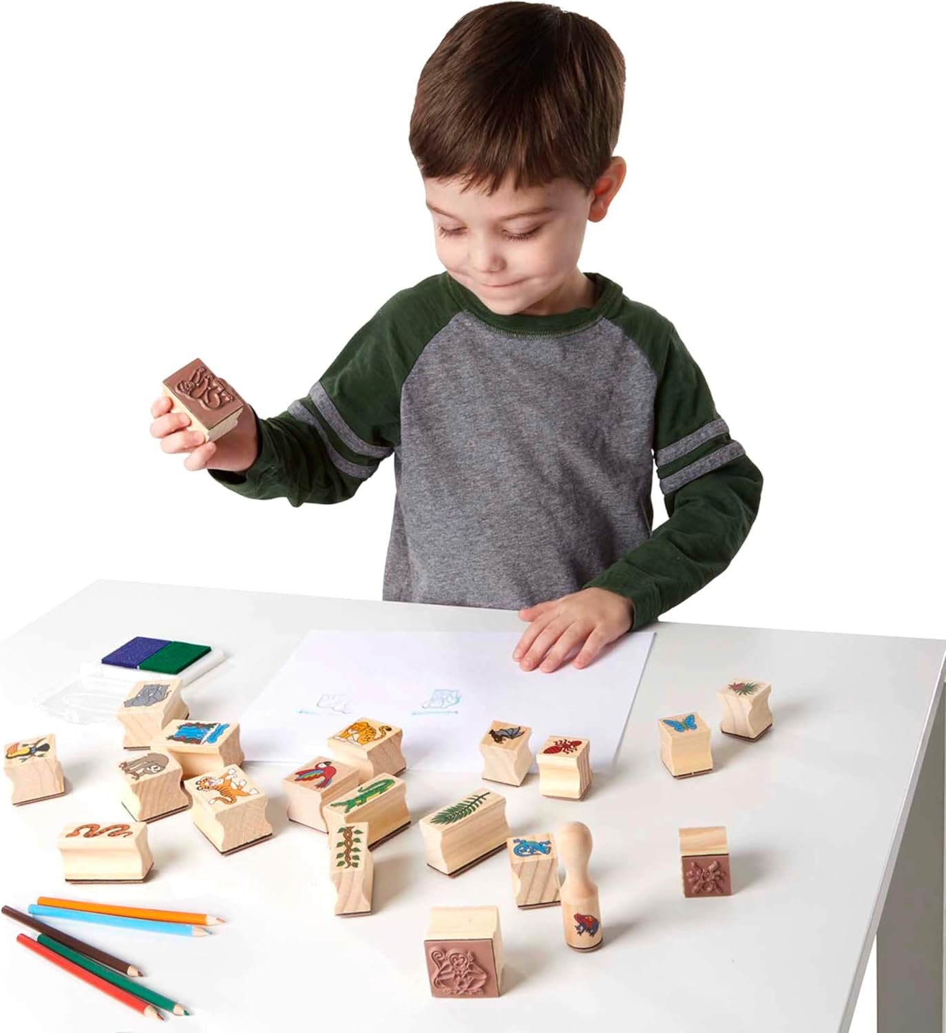 Melissa & Doug Stamp-a-Scene Stamp Set: Rain Forest - 20 Wooden Stamps, 5 Colored Pencils, and 2-Color Stamp Pad - Image 3