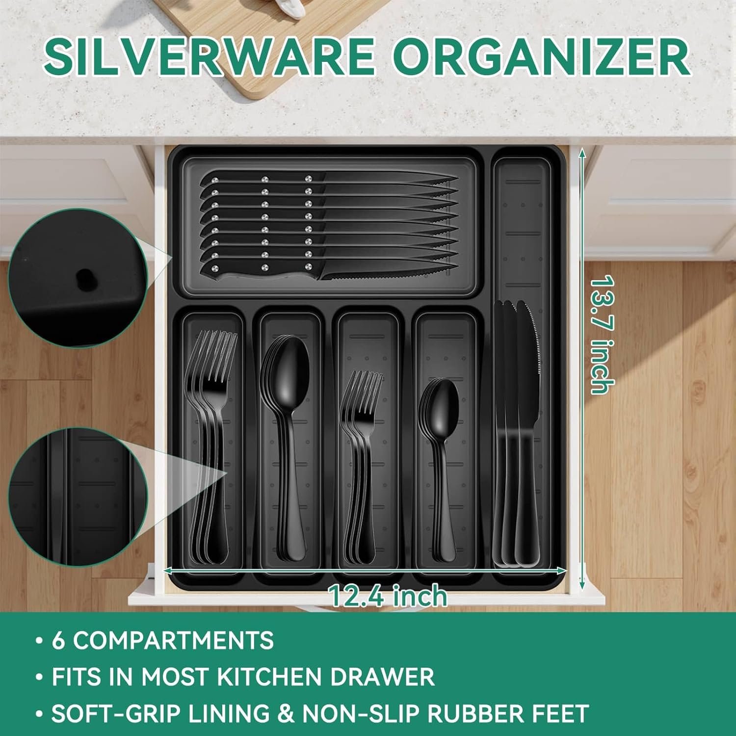 49-Piece Black Silverware Set with Organizer, Stainless Steel Flatware Set for 8 with Drawer Tray, Cutlery Steak Knives Fork Spoon for Home Restaurant, Mirror Finish - Image 3