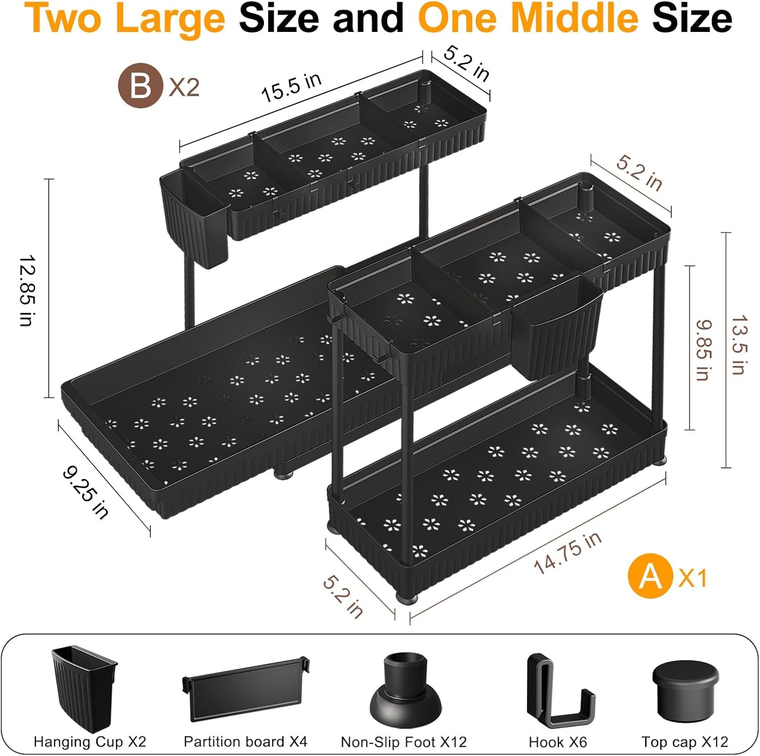 3 Pack Multi-Purpose Under Sink Organizers and Storage, 2026 L-Shaped Pull Out Cabinet Organizer for Bathroom & Kitchen, Under Cabinet Organizer with Hooks Hanging Cup (Black, 12.85 inch) - Image 3