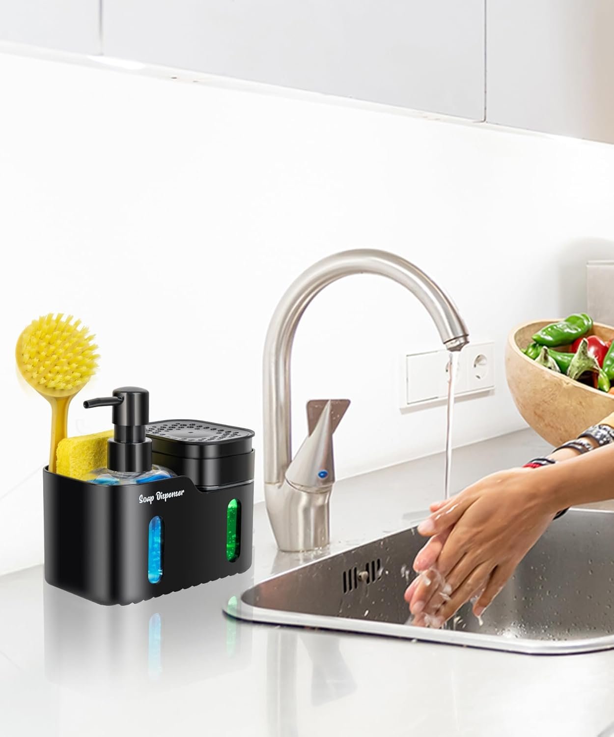 Hand Soap and Dish Soap Dispenser Set for Kitchen, Dual Soap Dispenser with Sponge Holder and Dishcloth Holder 4-in-1 Organizer for Kitchen Sink Countertop, Useful Kitchen Gadgets (Black) - Image 3