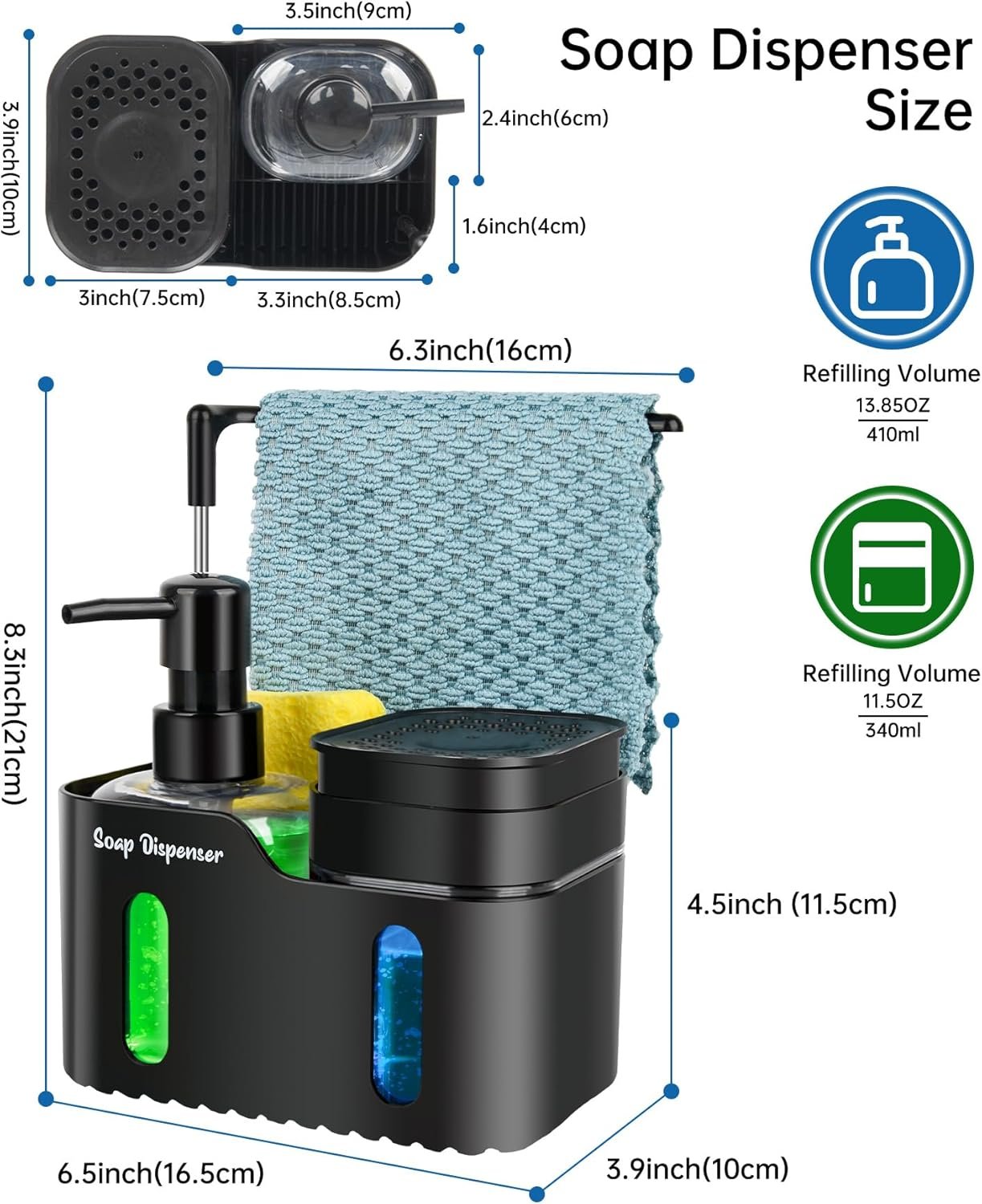 Hand Soap and Dish Soap Dispenser Set for Kitchen, Dual Soap Dispenser with Sponge Holder and Dishcloth Holder 4-in-1 Organizer for Kitchen Sink Countertop, Useful Kitchen Gadgets (Black) - Image 6