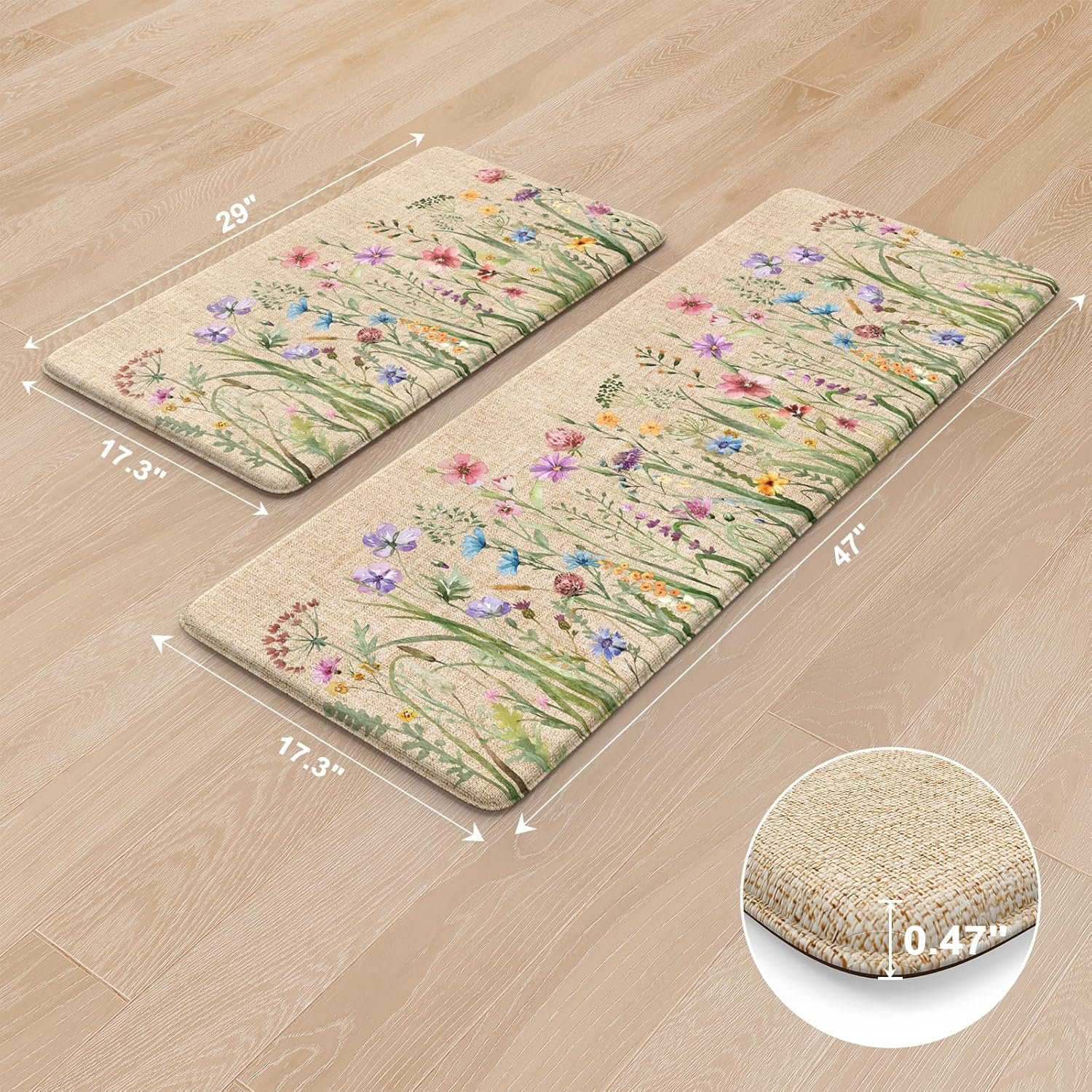 KIMODE Anti Fatigue Kitchen Mat, 17"x47"+17"x29" Floral Kitchen Rugs Sets of 2, Farmhouse Kitchen Floor Mats Non-Slip Cushioned, Comfort Standing Desk Mat for Sink, Laundry,Home Brown - Image 3