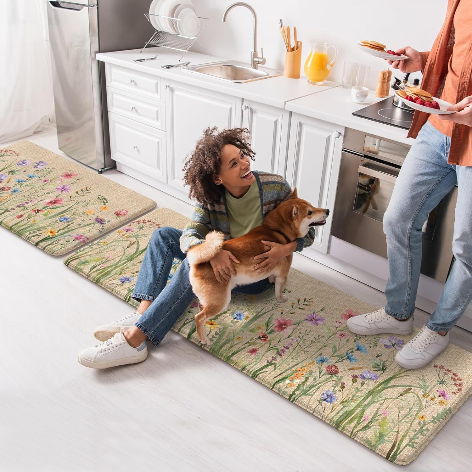 KIMODE Anti Fatigue Kitchen Mat, 17"x47"+17"x29" Floral Kitchen Rugs Sets of 2, Farmhouse Kitchen Floor Mats Non-Slip Cushioned, Comfort Standing Desk Mat for Sink, Laundry,Home Brown - Image 8