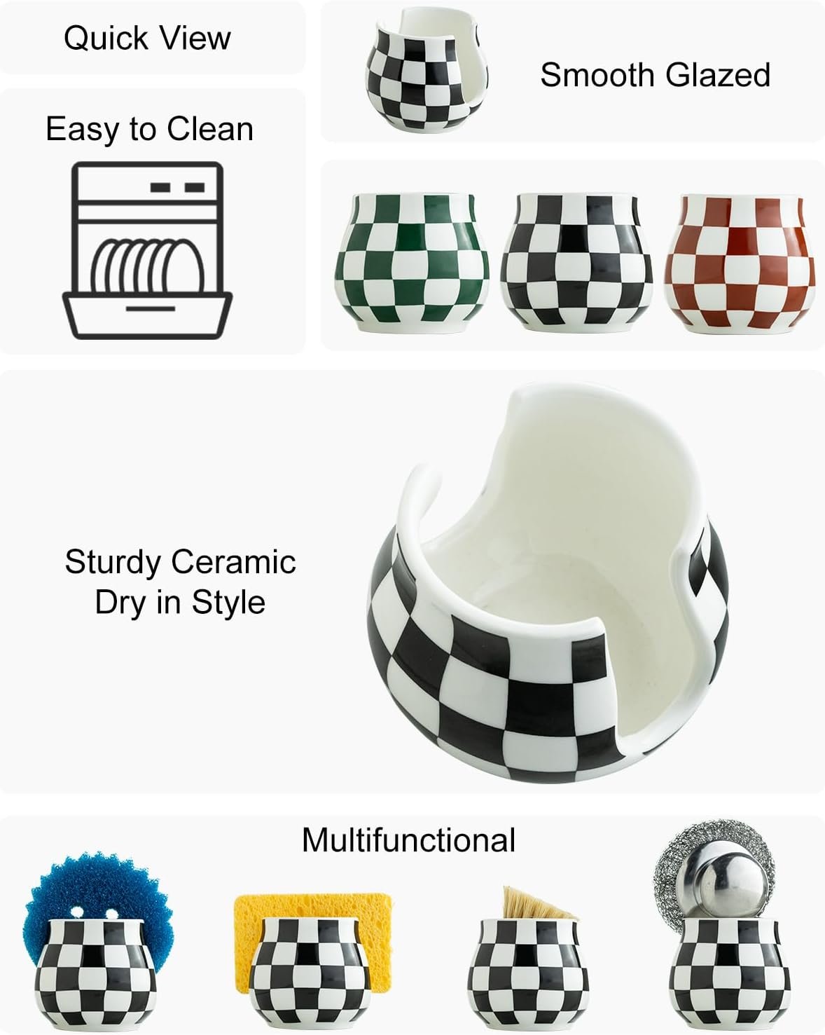 Checkered Sponge Holder for Kitchen Sink, Ceramic Dish Sponge Dish Rack Scrubby Holder Kitchen Organizer Cute Sink Caddy Organizer, Farmhouse Decor, Black and White - Image 3