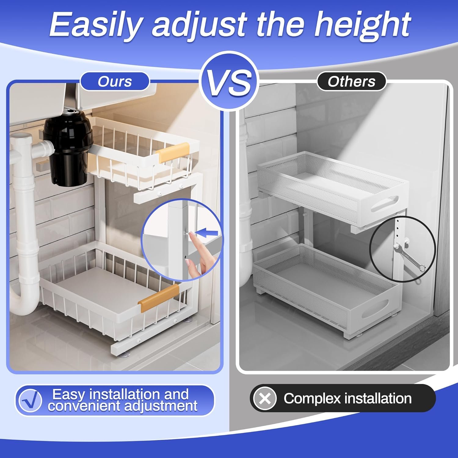 ADBIU Under Sink Organizer, 2 Pack 2 Tier Expandable Height (White, Large Size) - Image 3