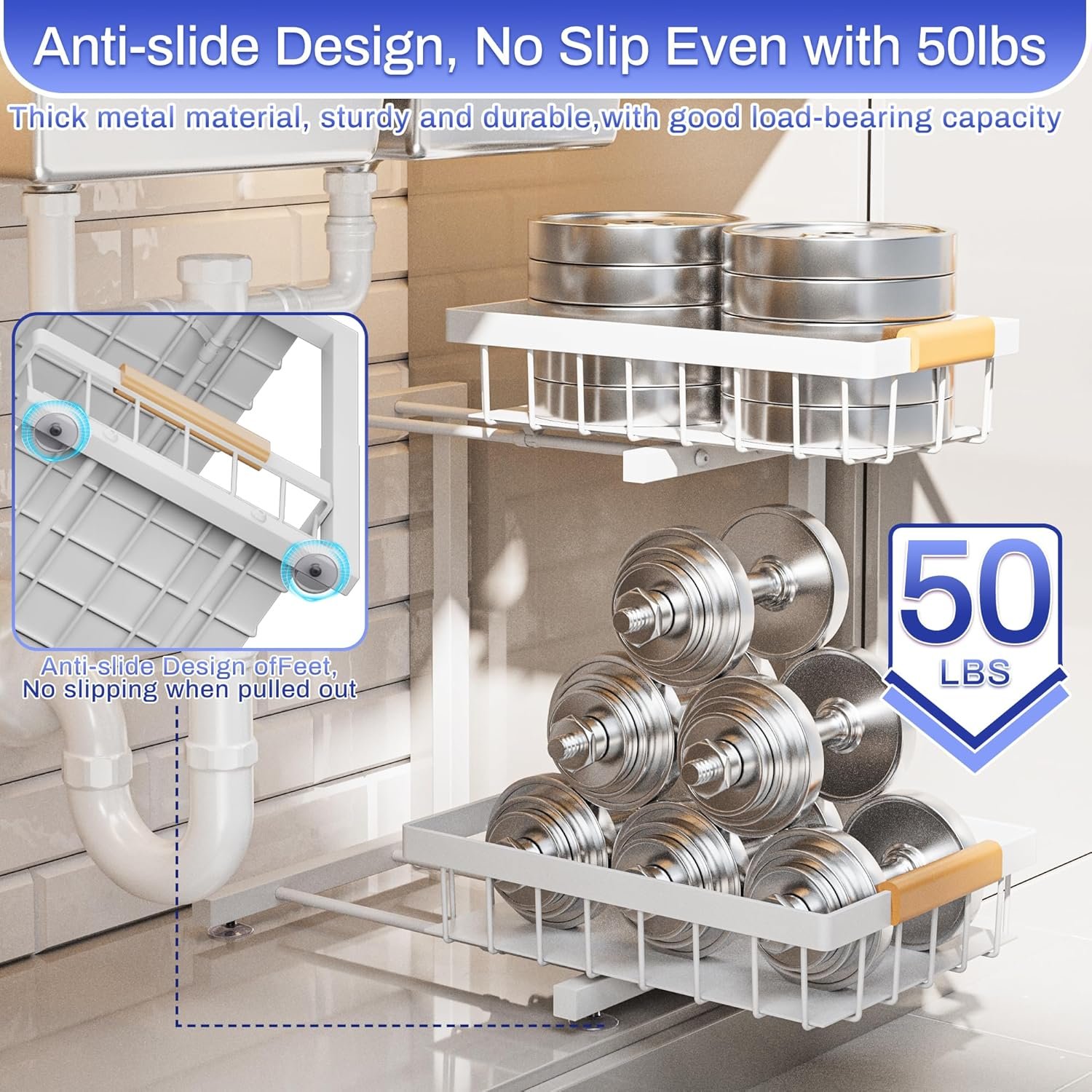 ADBIU Under Sink Organizer, 2 Pack 2 Tier Expandable Height (White, Large Size) - Image 5