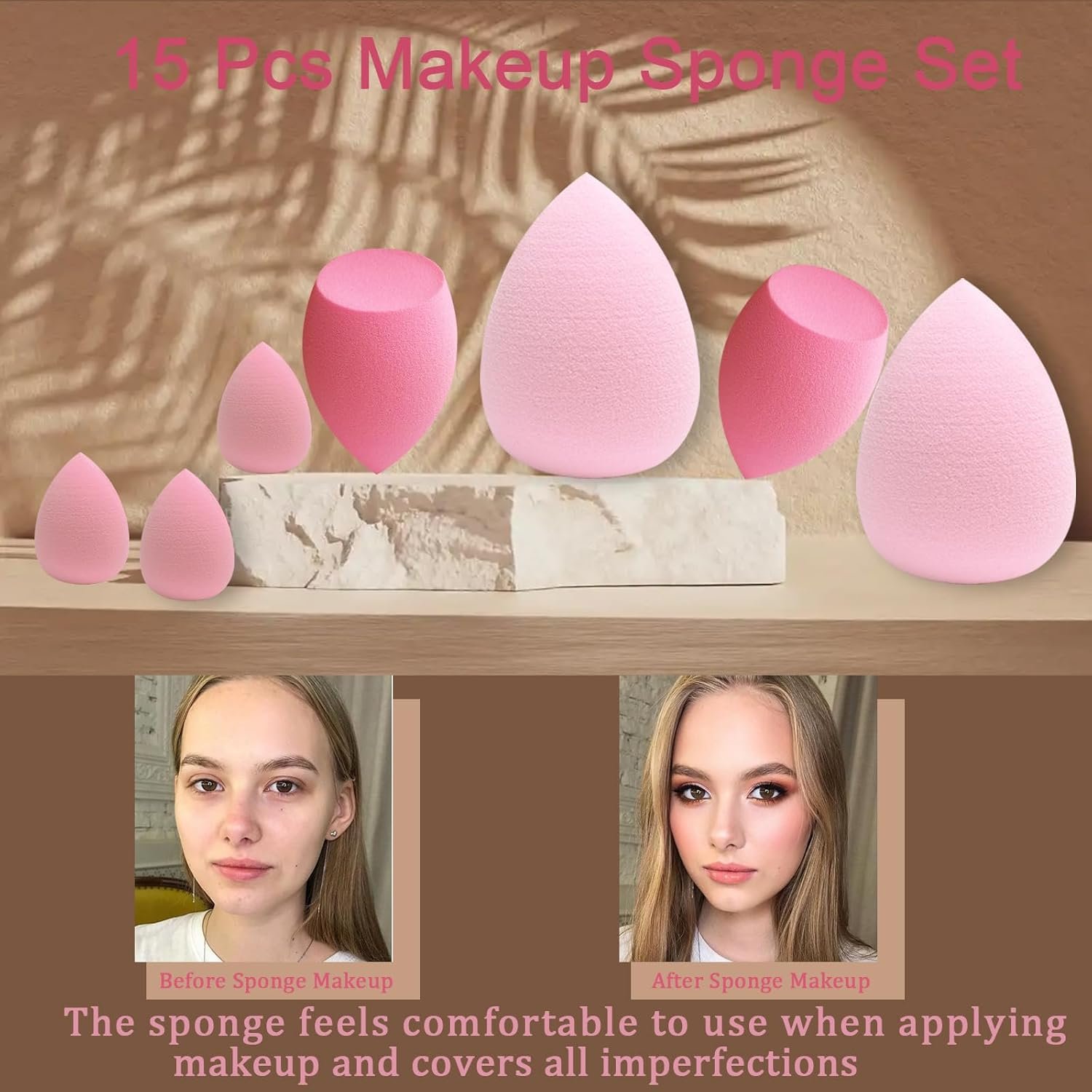 15 pcs Makeup Sponge Bulk:makeup Sponges 15 Pcs for Liquid, Cream, and Powder, Multi-colored Pink make up sponges for foundation - Image 3