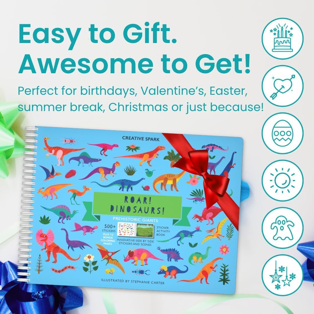 Cupkin Dinosaur Sticker Book Activity for Kids, Toddler Airplane Travel Essentials, 500+ Dino Stickers for Kids + 12 Scenes + 12 Coloring Book Pages, Dinosaur Lover Gift, Crafts Ages 2-8 - Image 3