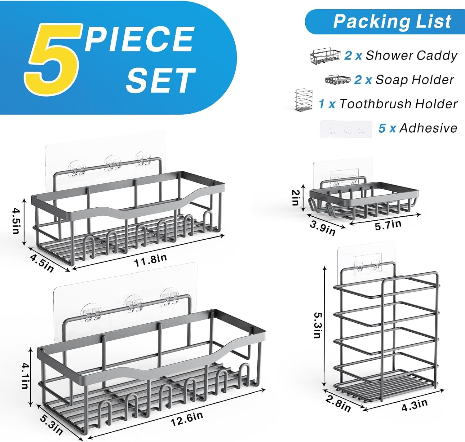 EUDELE 5-Pack Rustproof Stainless Steel Shower Caddy – No Drill Adhesive Bathroom Organizer with Large Capacity, Spacious Shower Shelves for Inside Shower, Kitchen & Home Decor Storage-XL Size - Image 6