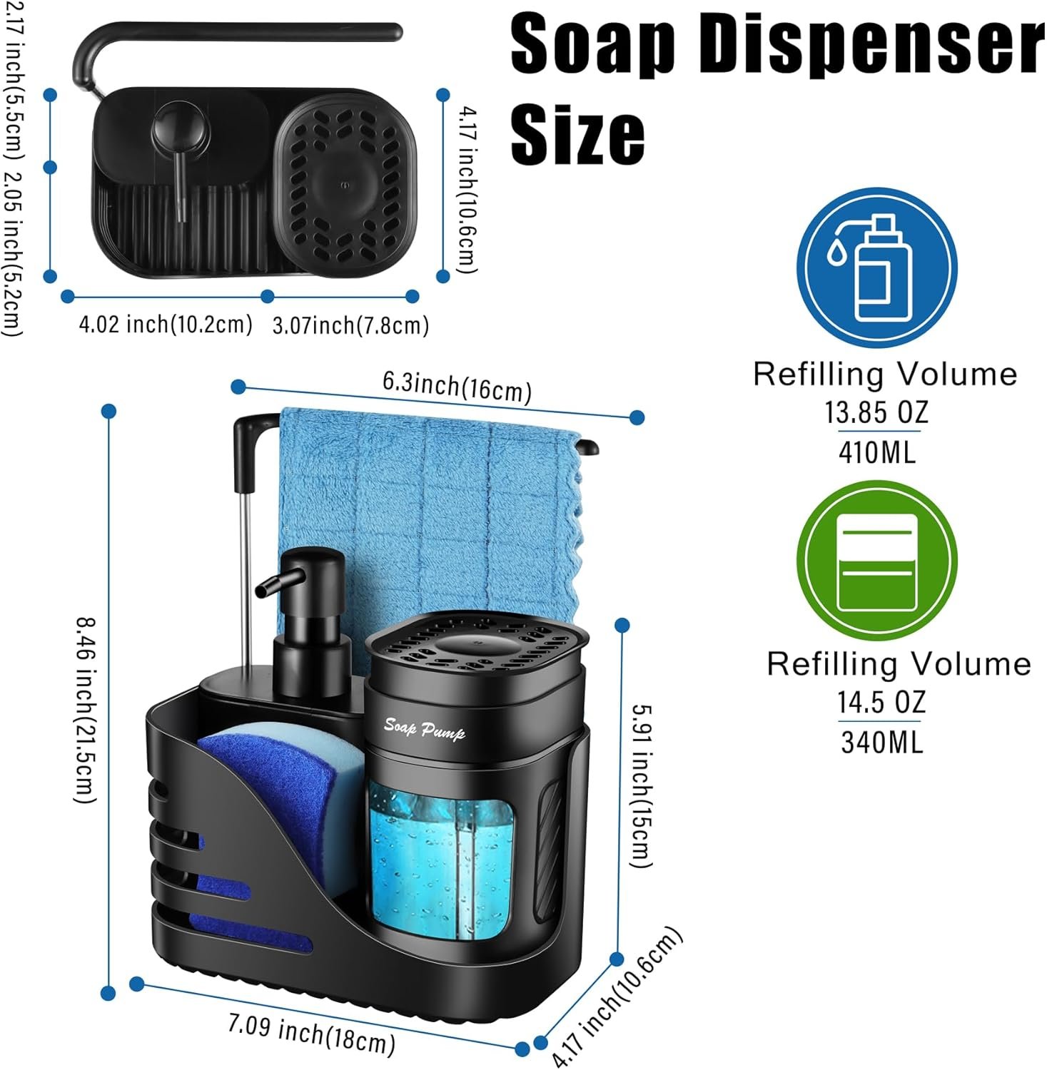 Kitchen Soap Dispenser Set, 4-in-1 Dual Hand and Dish Soap Dispenser with Sponge Holder and Dishcloth Holder for Kitchen Sink (Black) - Image 4