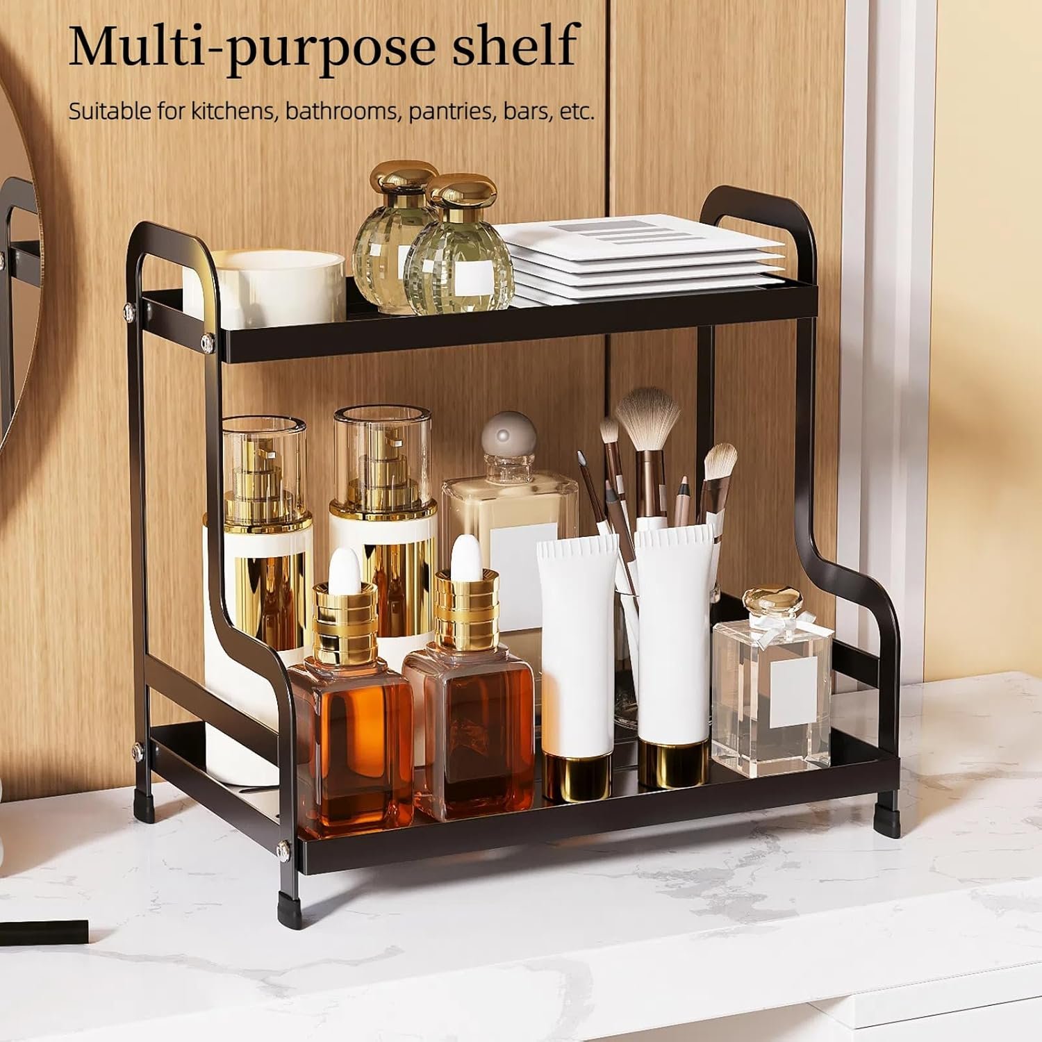 Bokelai 2 Tier Coffee Bar Organizer and Accessories Storage Countertop Shelf for Kitchen Coffee Station Organizer Mug Holder Coffee Condiment Storage Rack Black - Image 5