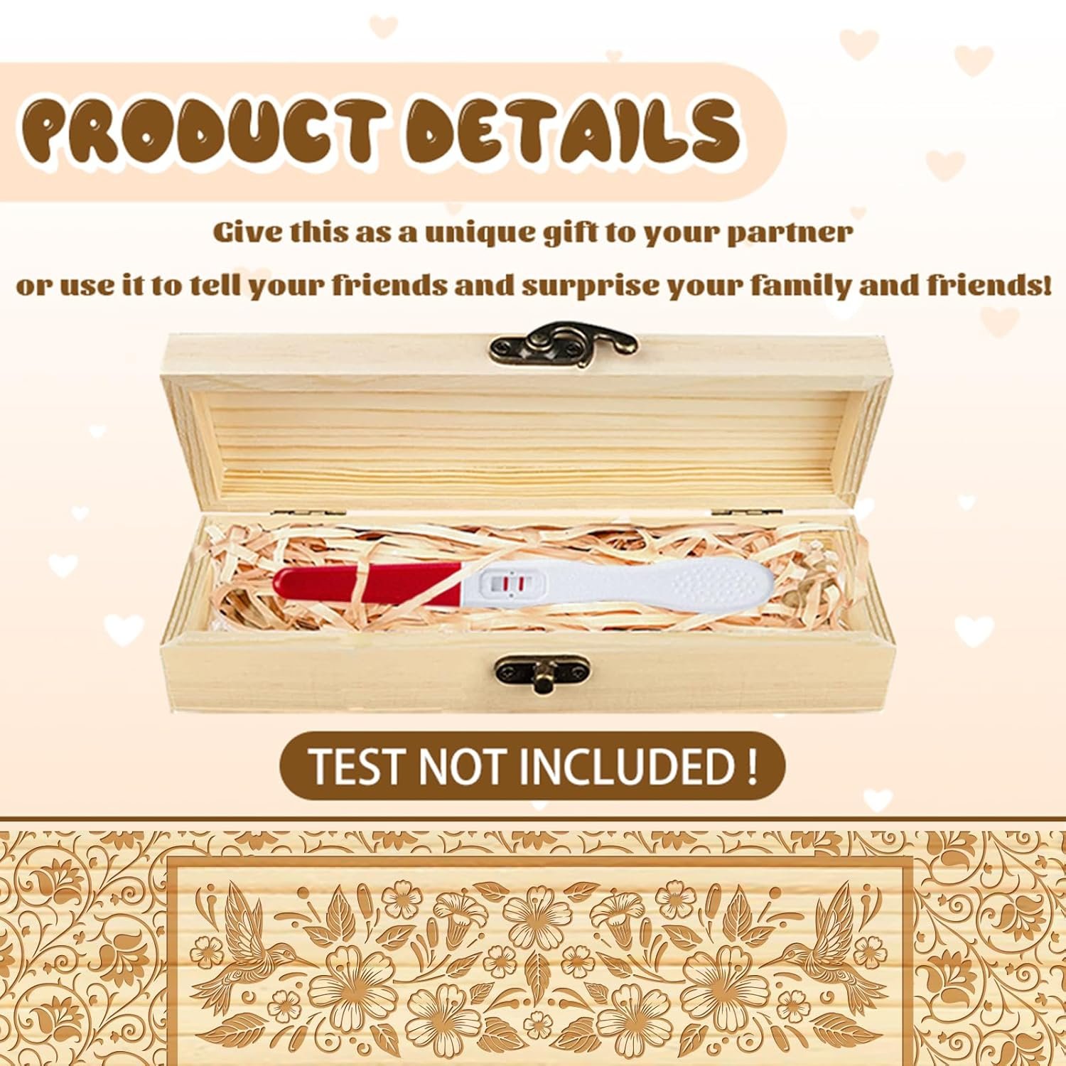 CHGCRAFT Vintage Floral Border Pregnancy Test Souvenir Box Hummingbird Wooden Pregnancy Announcement Keepsake Box with Raffia Ribbon and Lock Announcement Gifts for Dad Husband, 8x2x1.2inch - Image 3