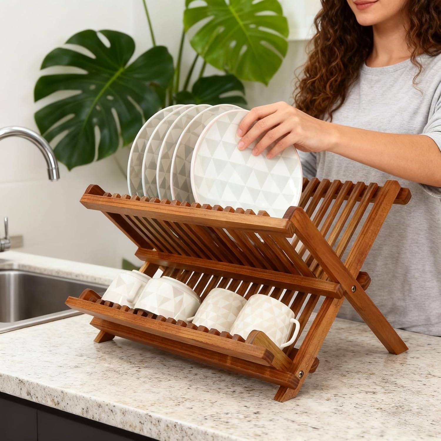 Utoplike Teak Dish Drainer Rack Collapsible 2 Tier Dish Rack Dish Drying Rack Foldable Plate Organizer Holder for Kitchen Compact - Image 3