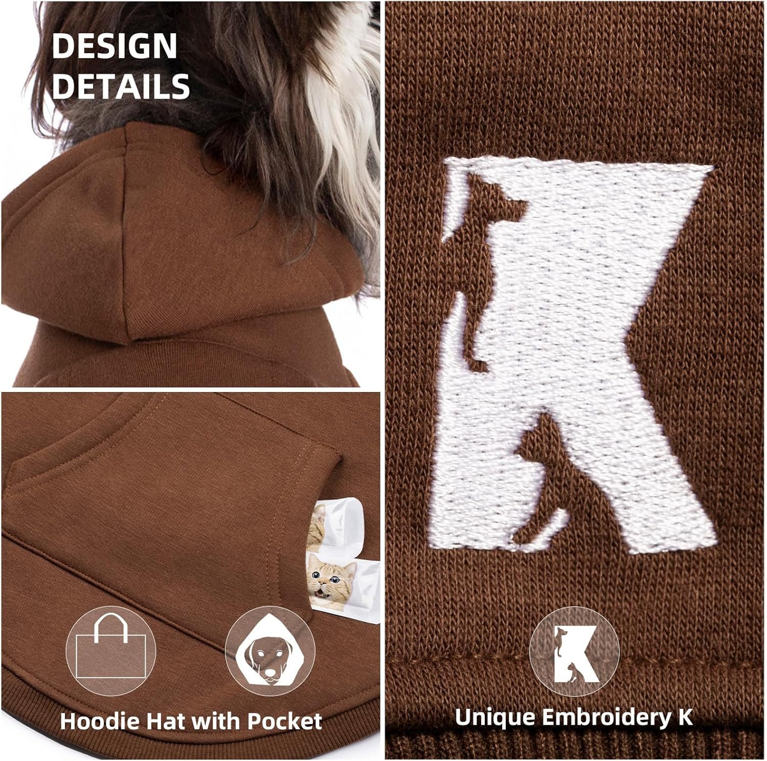 Koneseve Dog Hoodie & Cat Sweater, Warm Fleece Hooded Soft Winter Sweatshirt for All Breeds, Cozy Pet Clothes, Brown, 5XL - Image 4