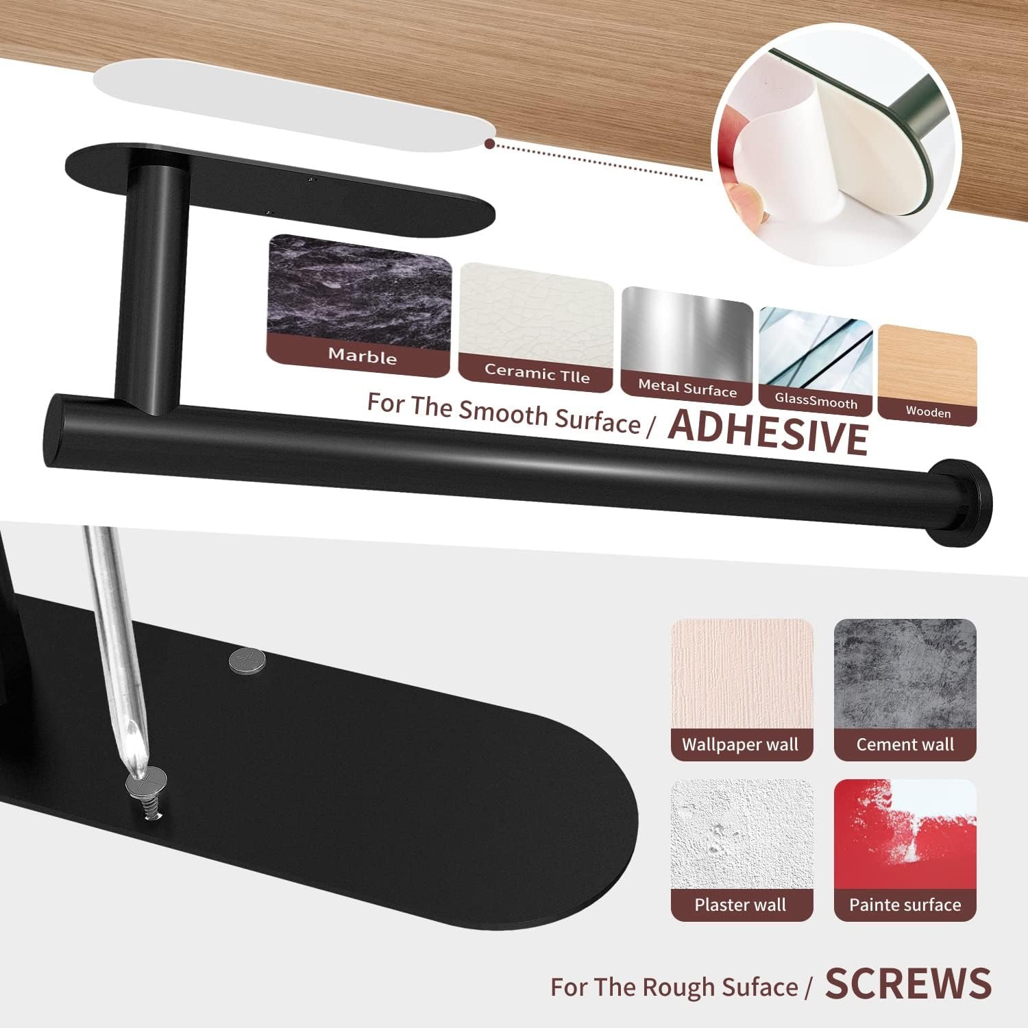 DEKAVA Paper Towel Holder Under Cabinet Wall Mount for Kitchen Towel, Self-Adhesive Bar, Rack, SUS304 Stainless Steel 13 inch (BlackA, 1) - Image 3