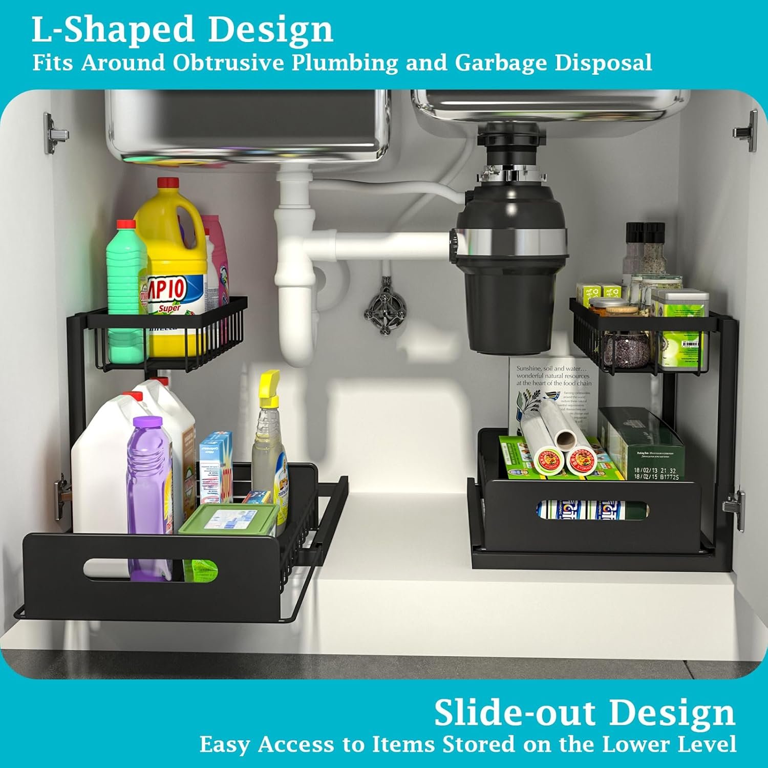 REALINN Under Sink Organizer, Pull Out Cabinet Organizer Slide Out Sink Shelf Cabinet Storage Shelves, Storages for Kitchen Bathroom, Black, 2 Pack - Image 3