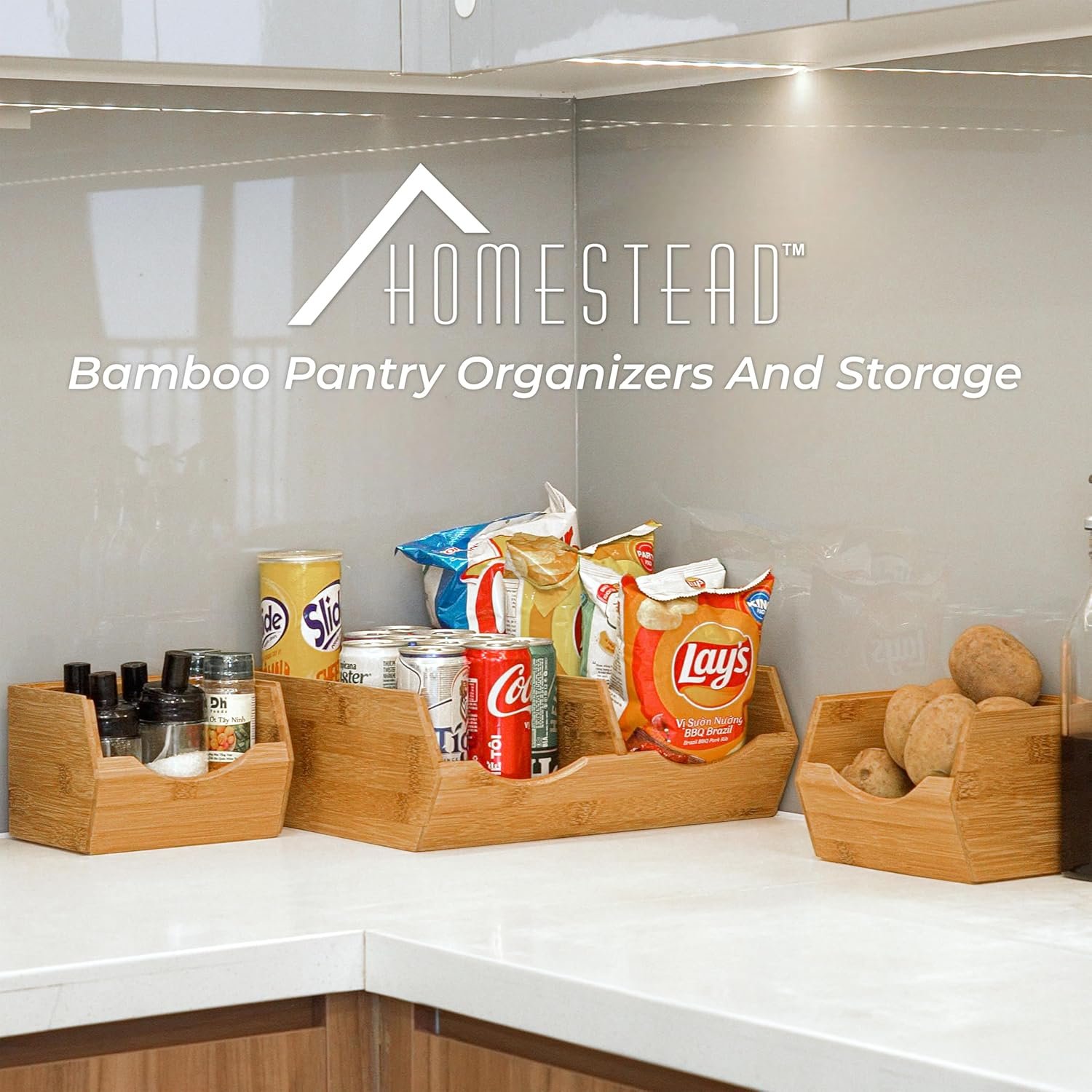 HOMESTEAD Bamboo Pantry Storage Bins – Potato & Onion Storage Bin for Pantry Organizers, Produce Organizer Set of 3 – Slide out Bin Access - Image 3