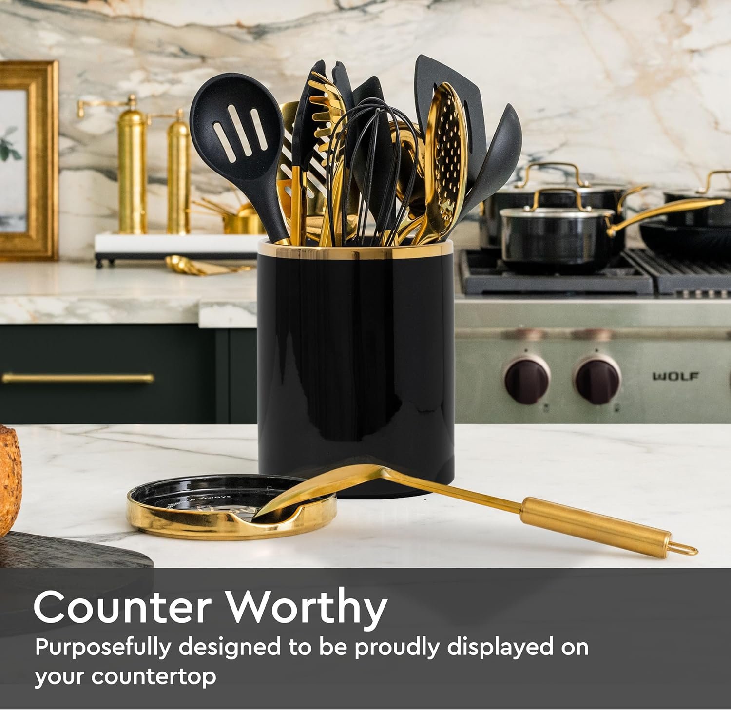 STYLED SETTINGS Black and Gold Utensil Holder with Built-in Spoon Rest - 2 PC Large Ceramic Utensil Holder Includes Black & Gold Spoon Rest - Luxury Kitchen Accessories - Utensils Not Included - Image 3