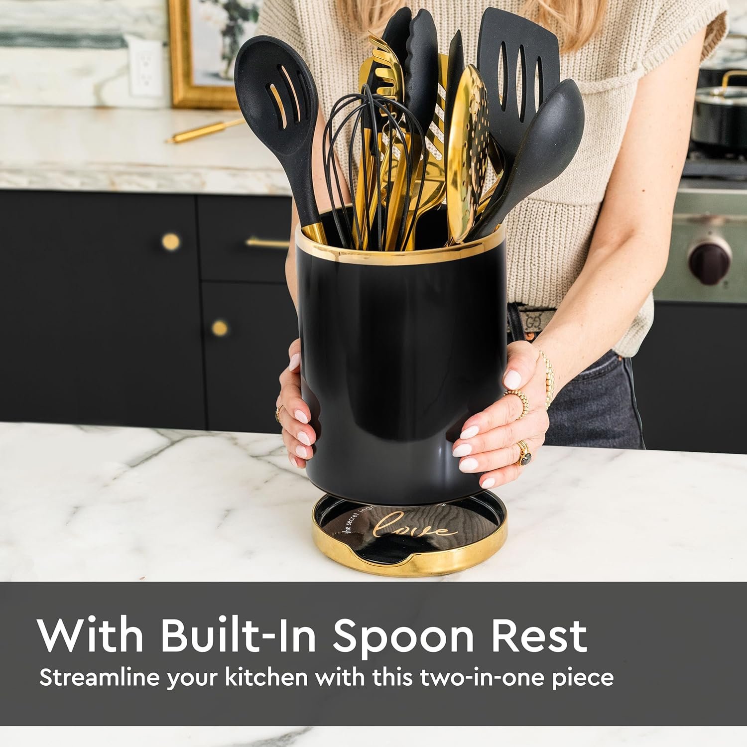 STYLED SETTINGS Black and Gold Utensil Holder with Built-in Spoon Rest - 2 PC Large Ceramic Utensil Holder Includes Black & Gold Spoon Rest - Luxury Kitchen Accessories - Utensils Not Included - Image 5